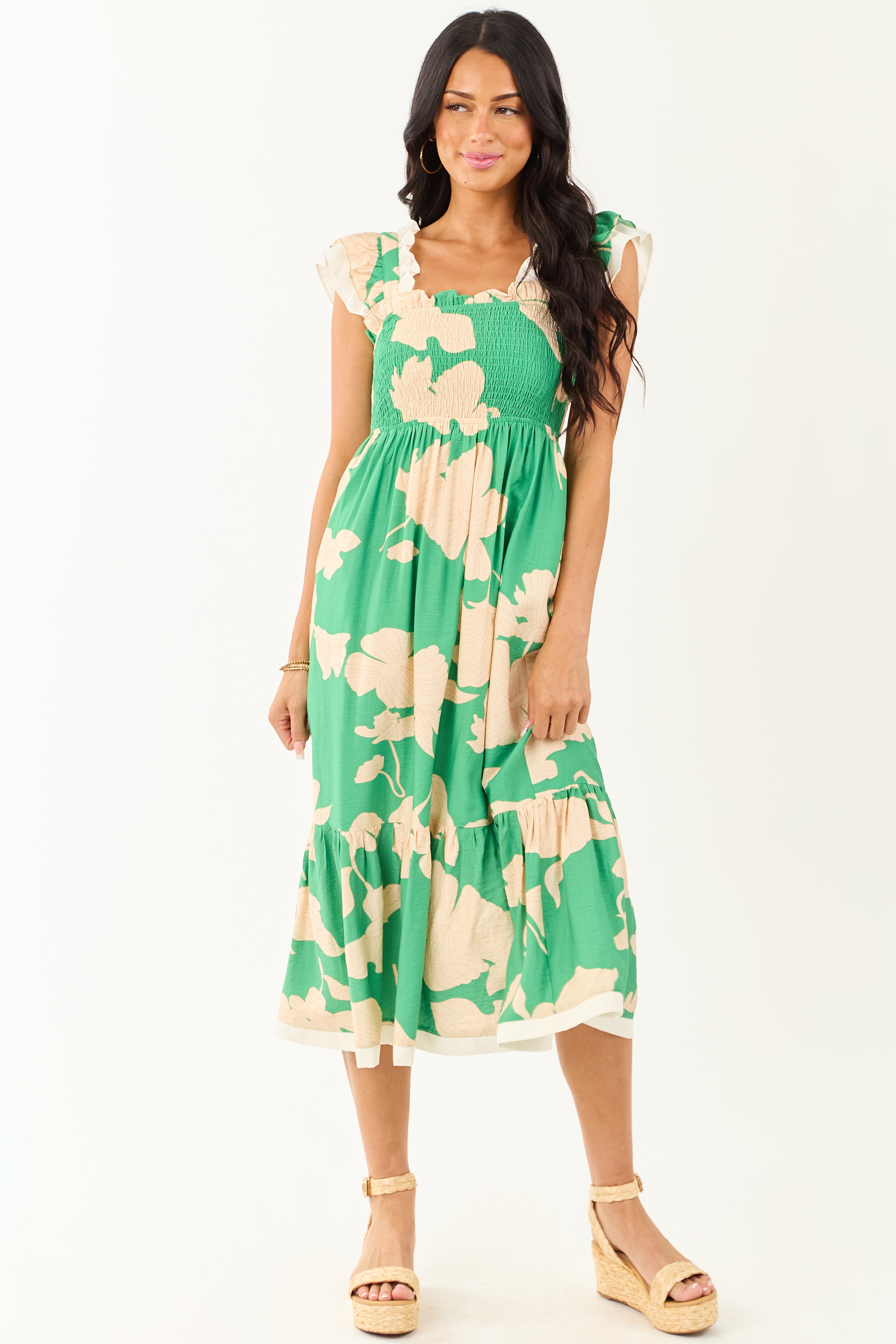Kelly Green and Cream Floral Print Smocked Midi Dress Kelly Green and Cream Floral Print Smocked Midi Dress