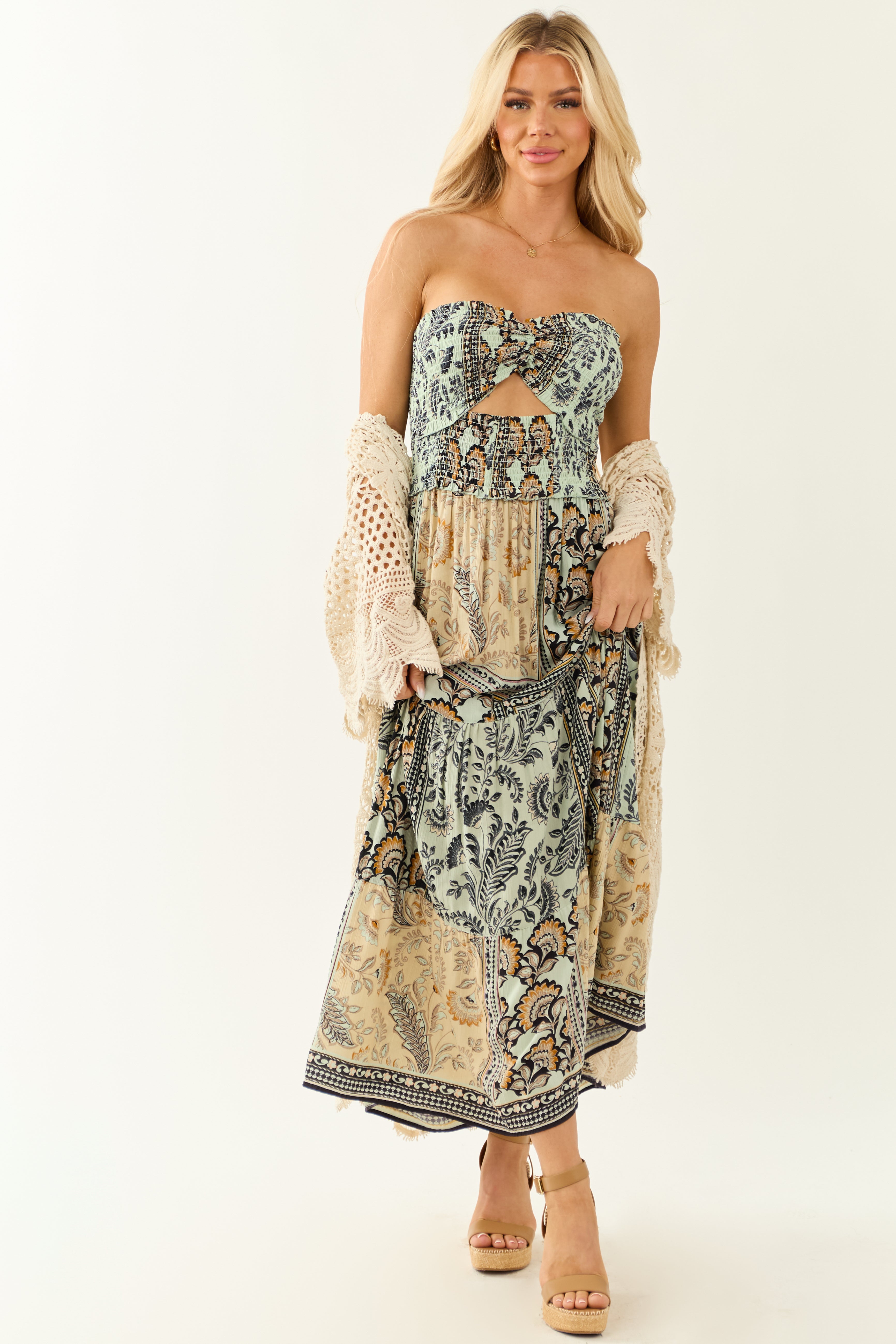 Almond Abstract Print Strapless Smocked Maxi Dress Almond Abstract Print Strapless Smocked Maxi Dress