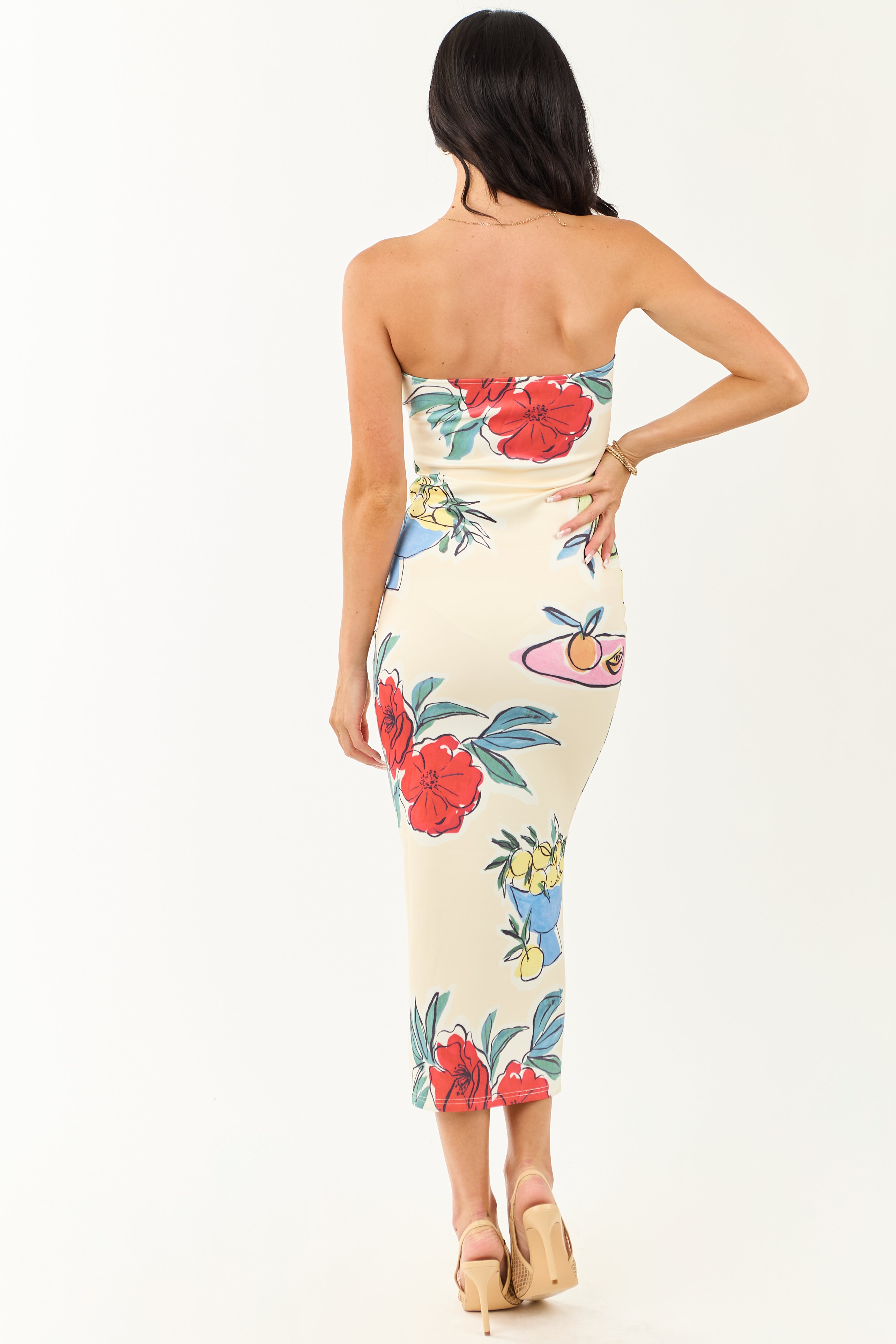 Cream Fruit and Floral Print Strapless Midi Dress Cream Fruit and Floral Print Strapless Midi Dress