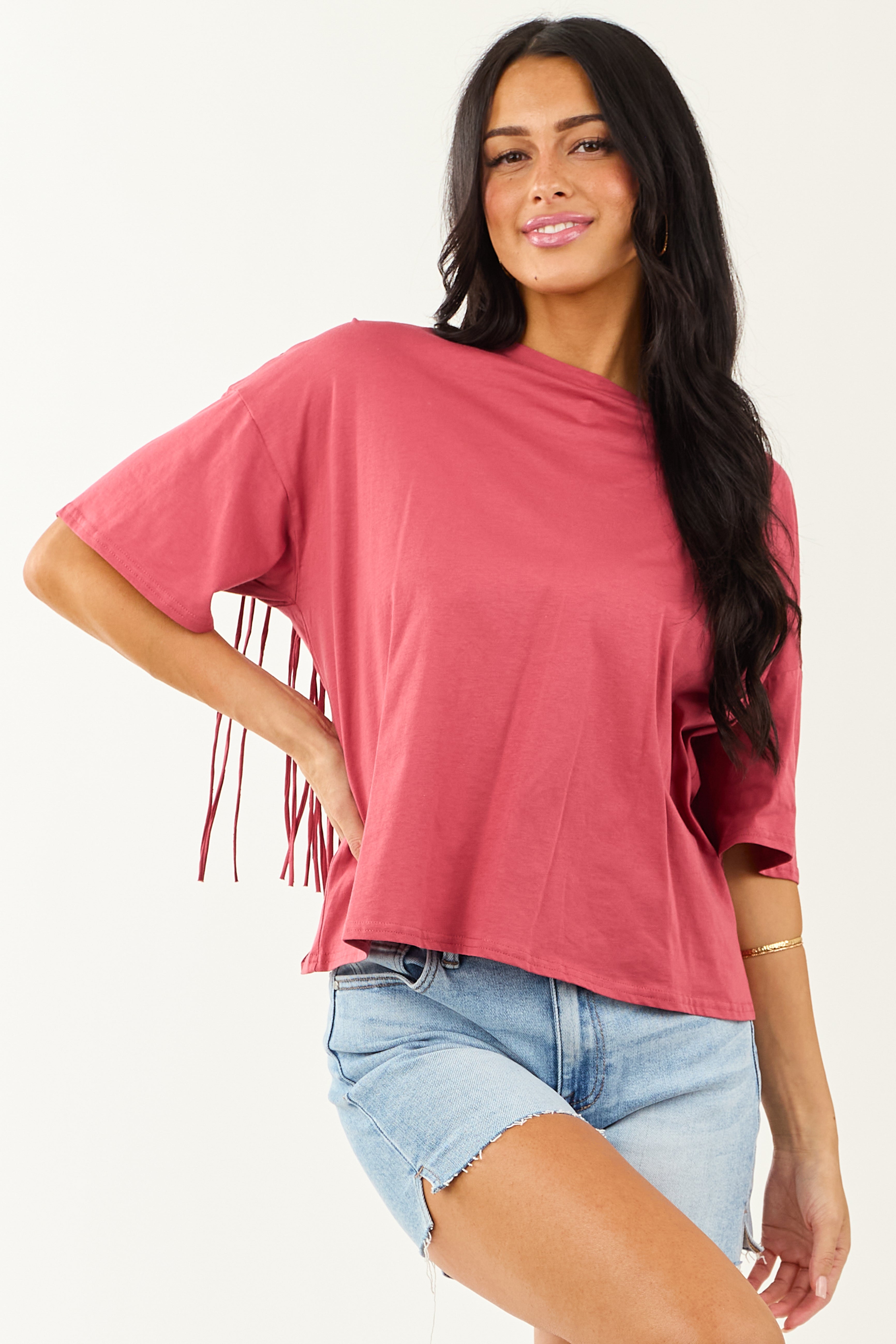 Marsala Half Sleeve Cotton Back Fringe Top Marsala Half Sleeve Cotton Back Fringe Top