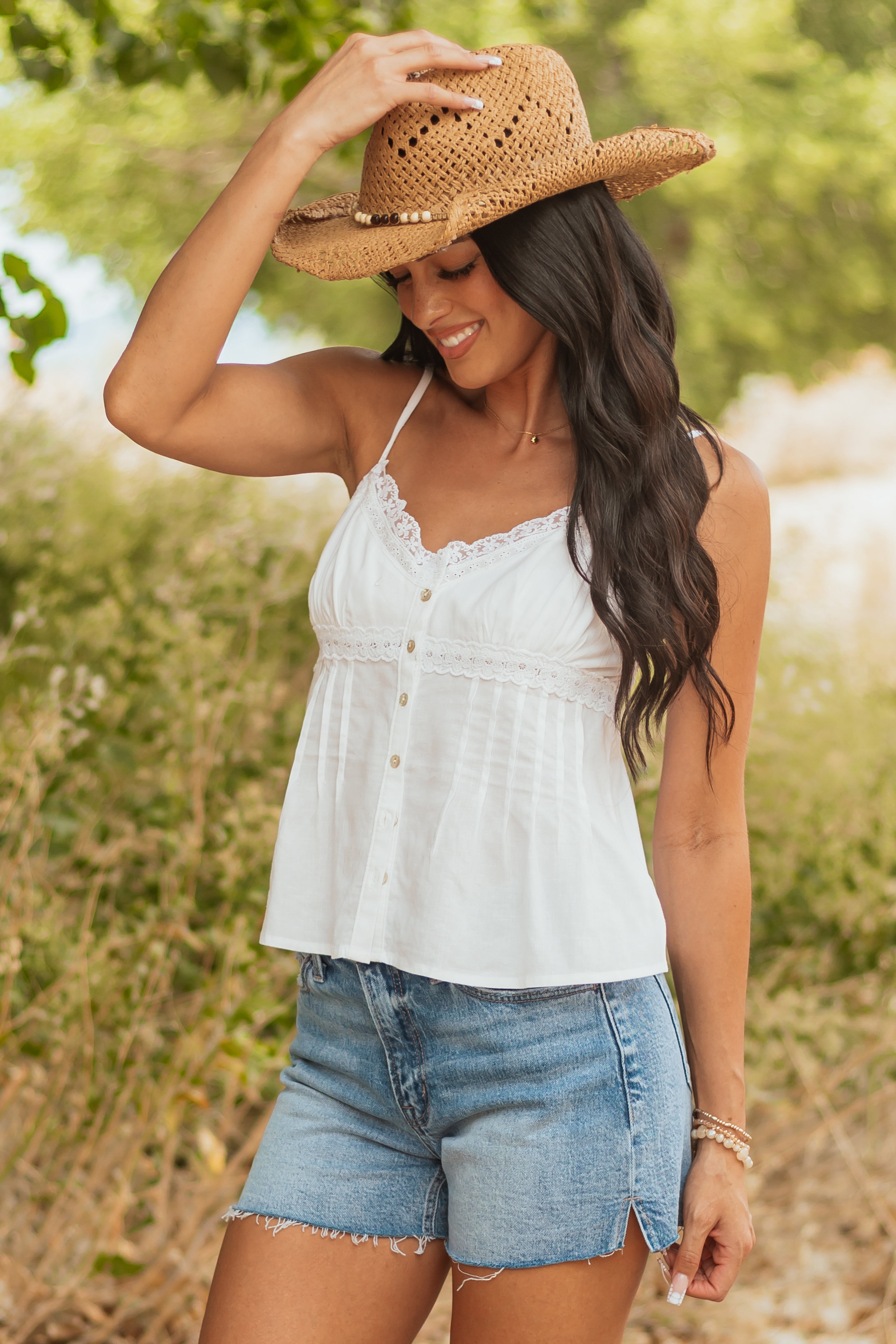 Off White V Neck Lace Trim Button Down Tank Top Off White V Neck Lace Trim Button Down Tank Top