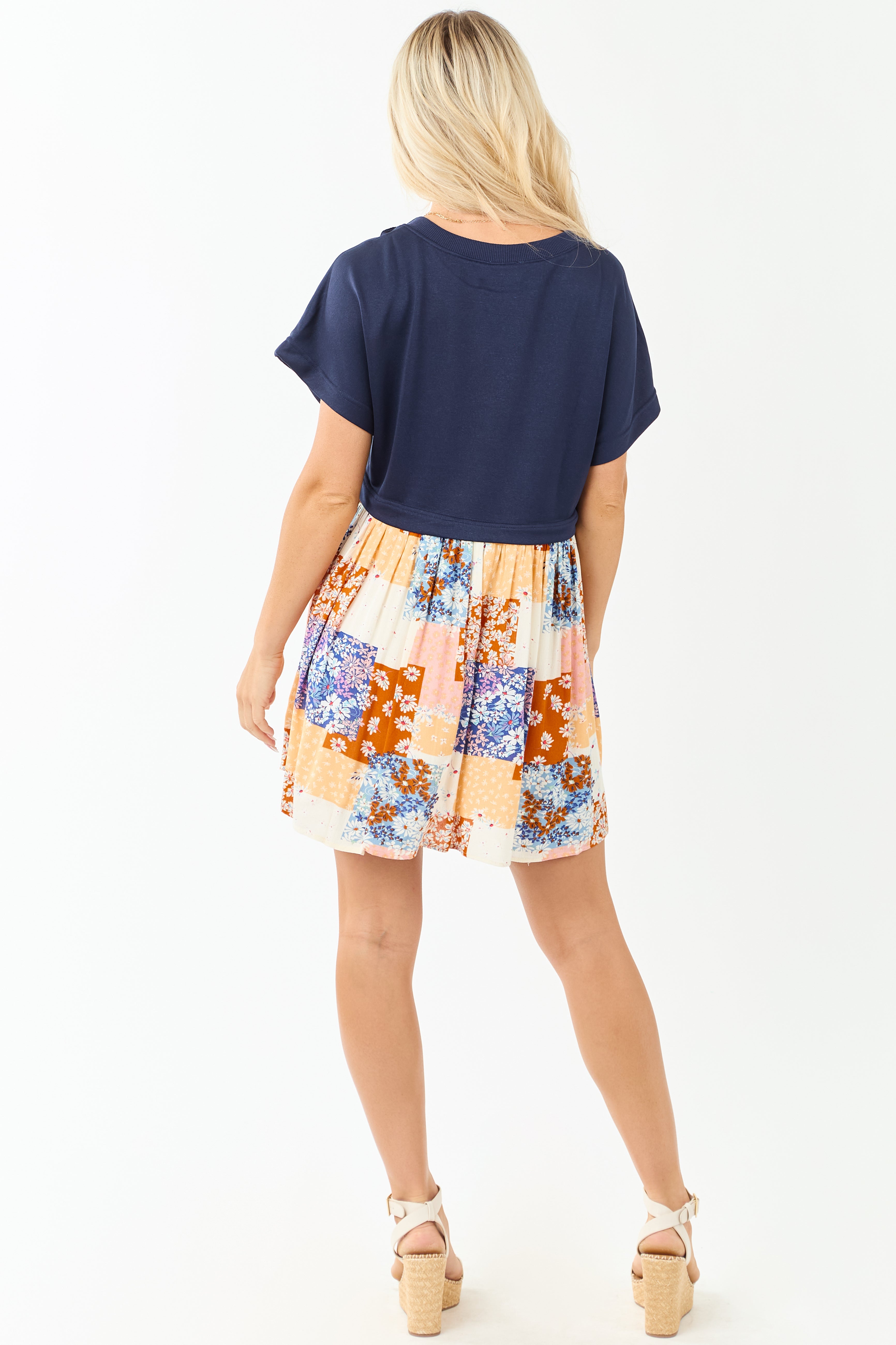 Navy Patchwork Skirt Contrast Knit Mini Dress Navy Patchwork Skirt Contrast Knit Mini Dress