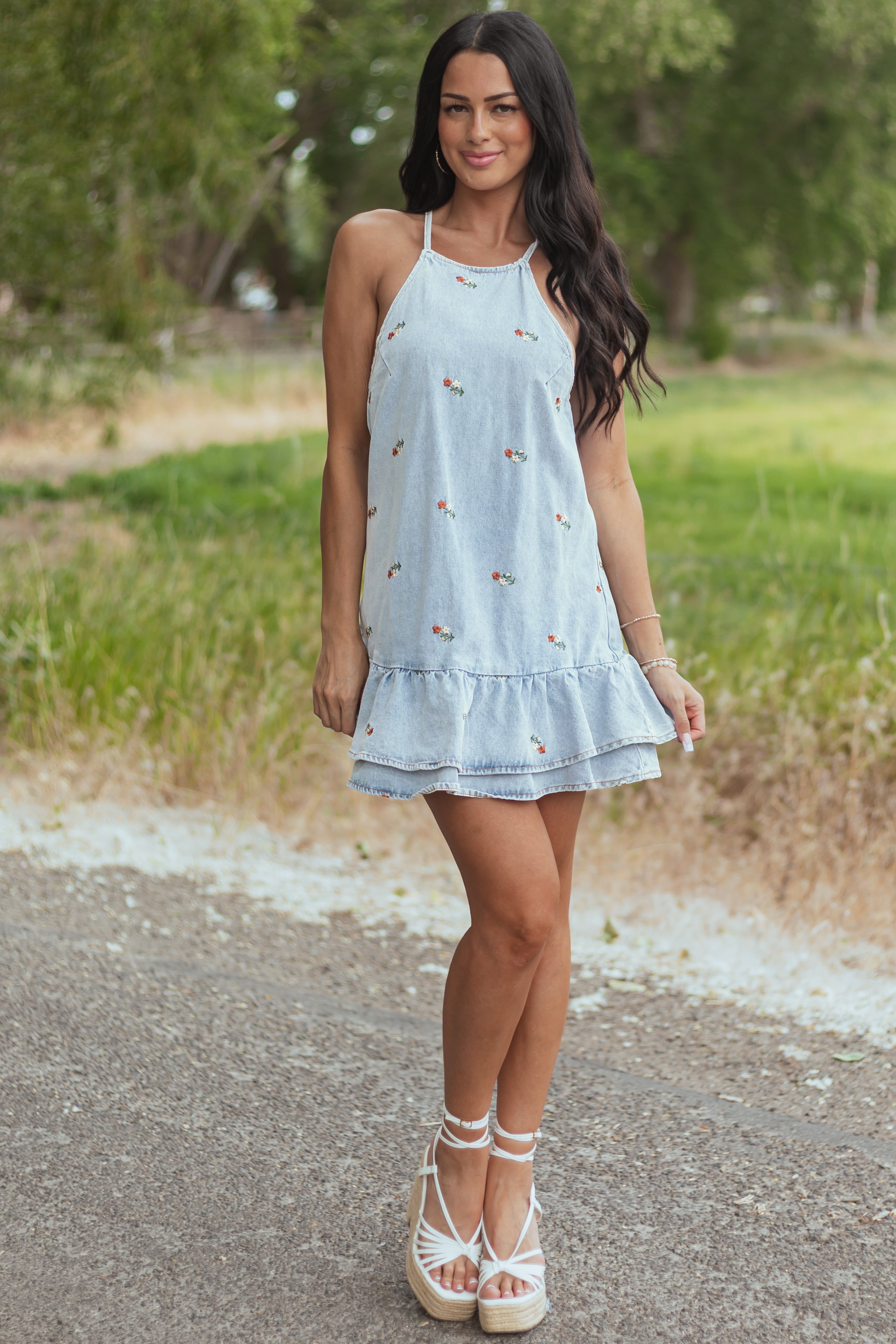 Light Wash Floral Embroidered Denim Mini Dress Light Wash Floral Embroidered Denim Mini Dress