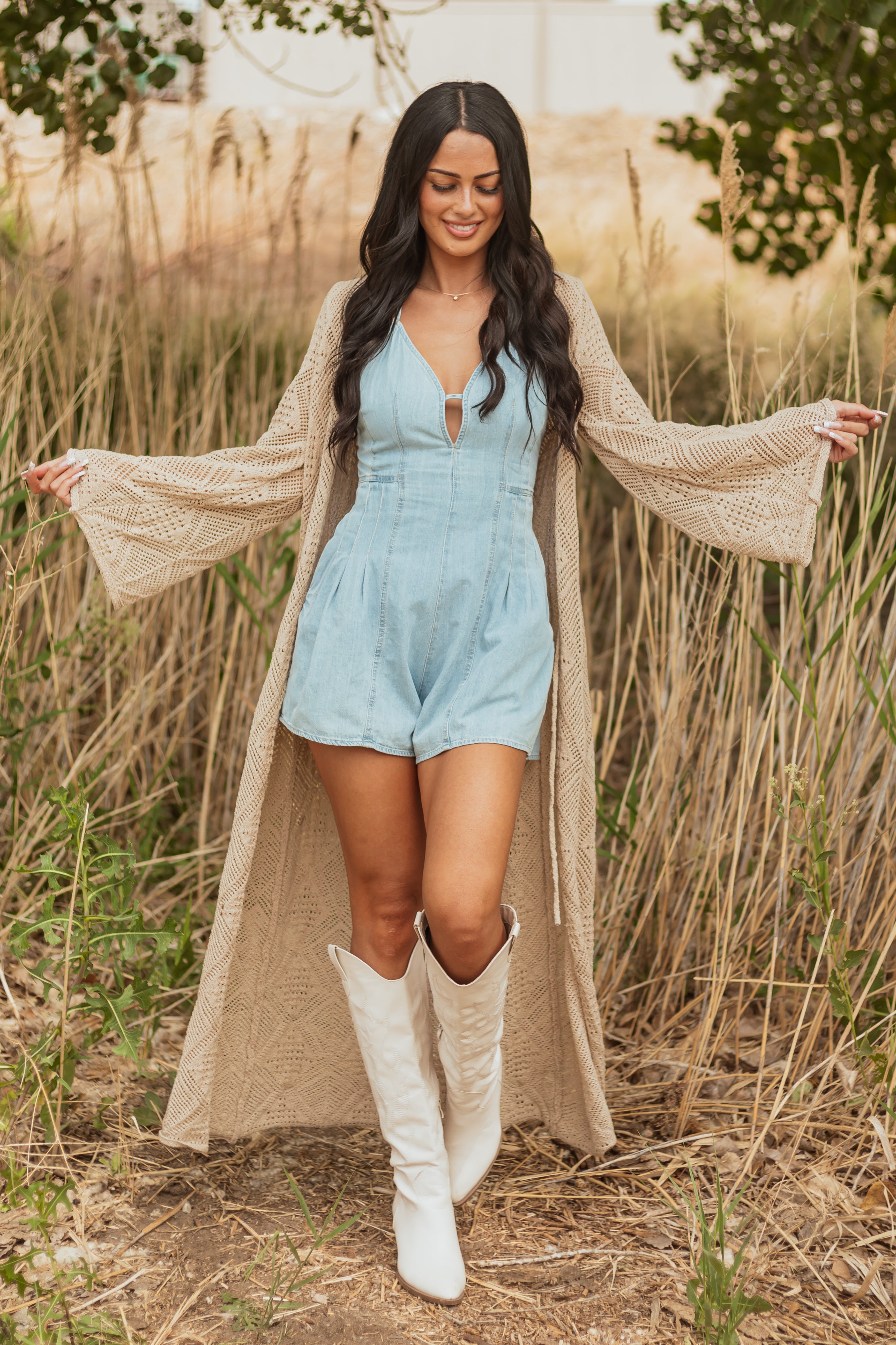 Almond Tie Front Flare Sleeve Knit Duster Cardigan Almond Tie Front Flare Sleeve Knit Duster Cardigan