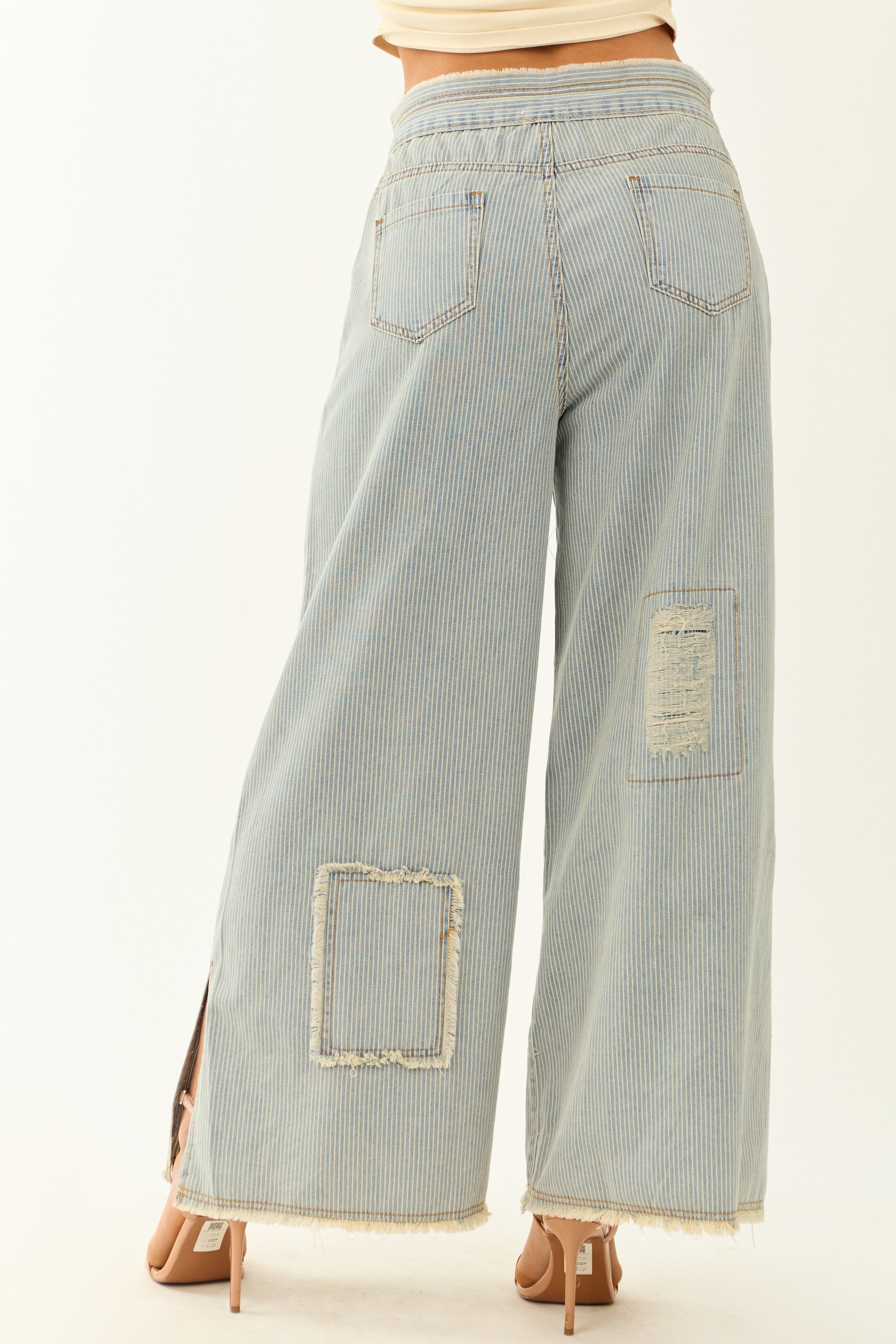 POL Powder Blue Railroad Stripe Wide Patchwork Pants POL Powder Blue Railroad Stripe Wide Patchwork Pants