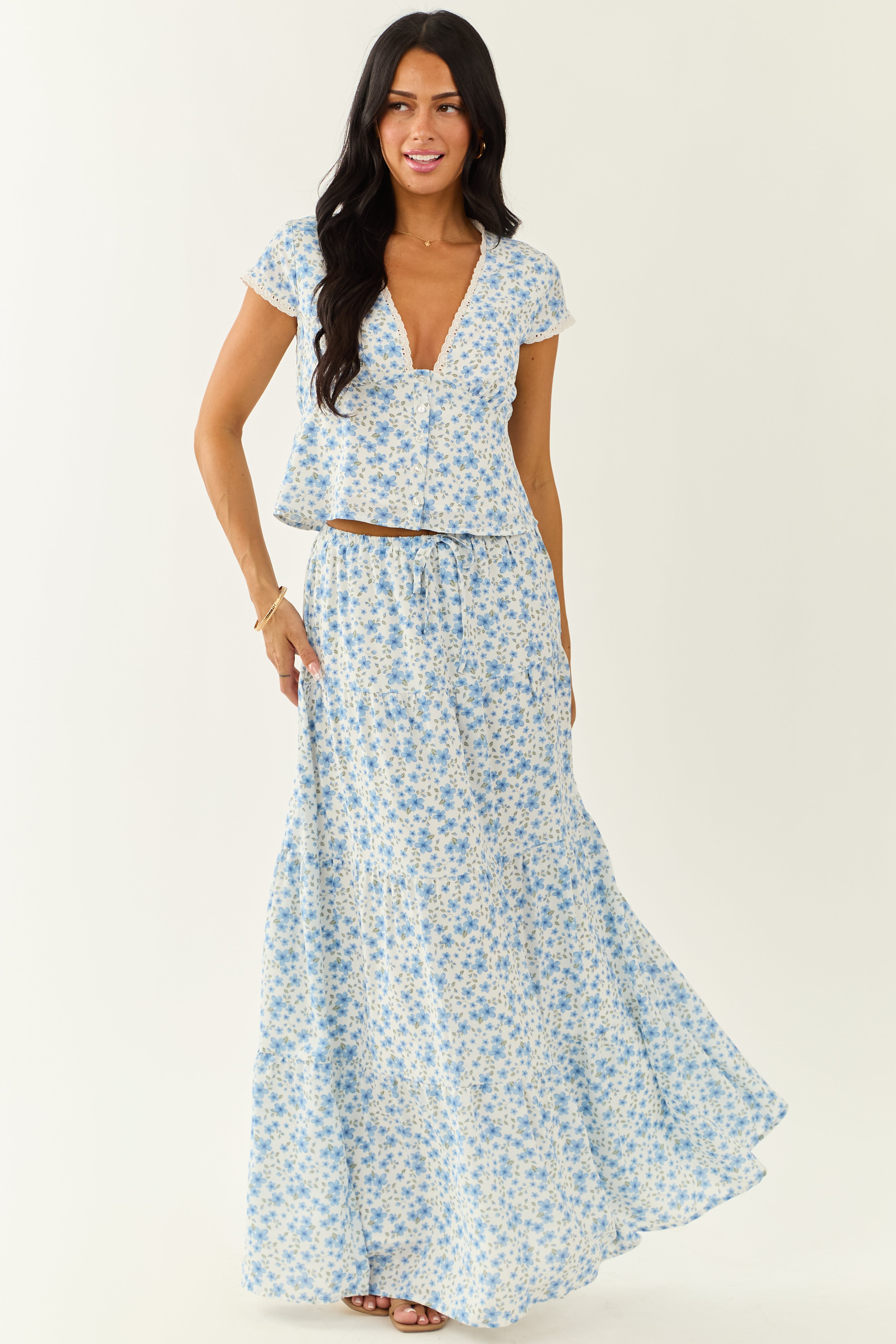 Ivory Floral Deep V Cap Sleeve Button Up Blouse Ivory Floral Deep V Cap Sleeve Button Up Blouse