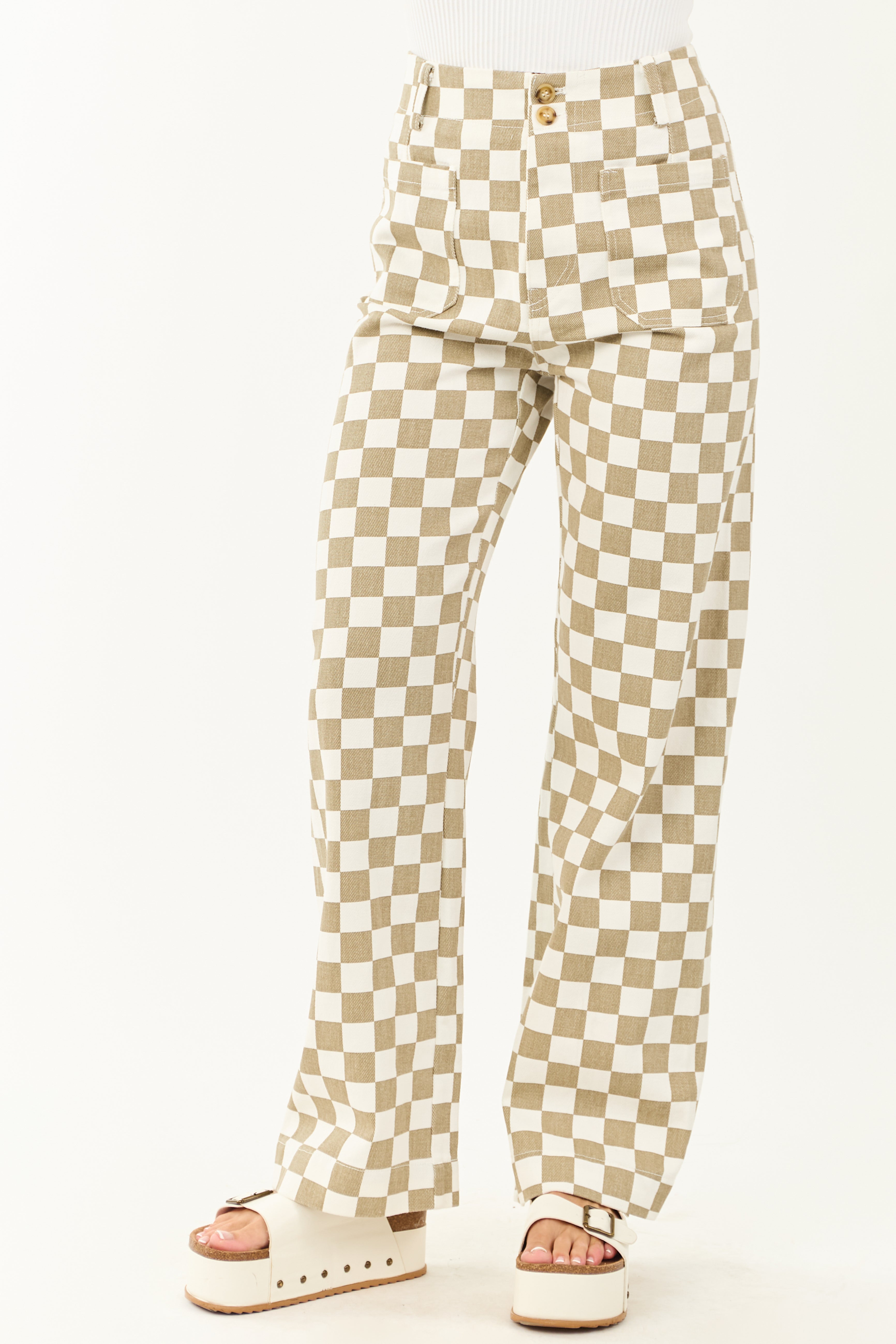 Olive and Ivory Checkered Denim Wide Leg Pants