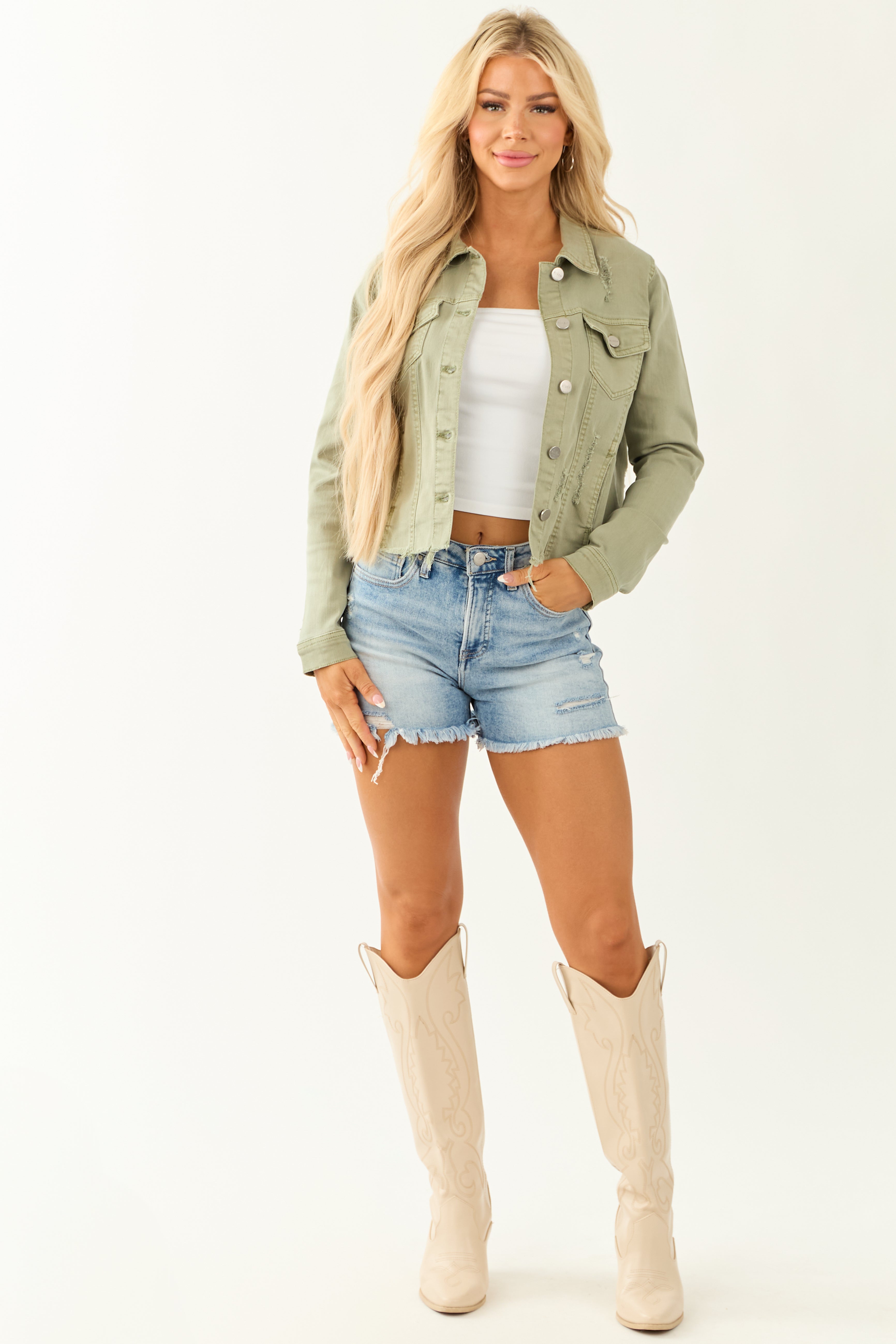 Risen Sage Button Up Distressed Denim Jacket