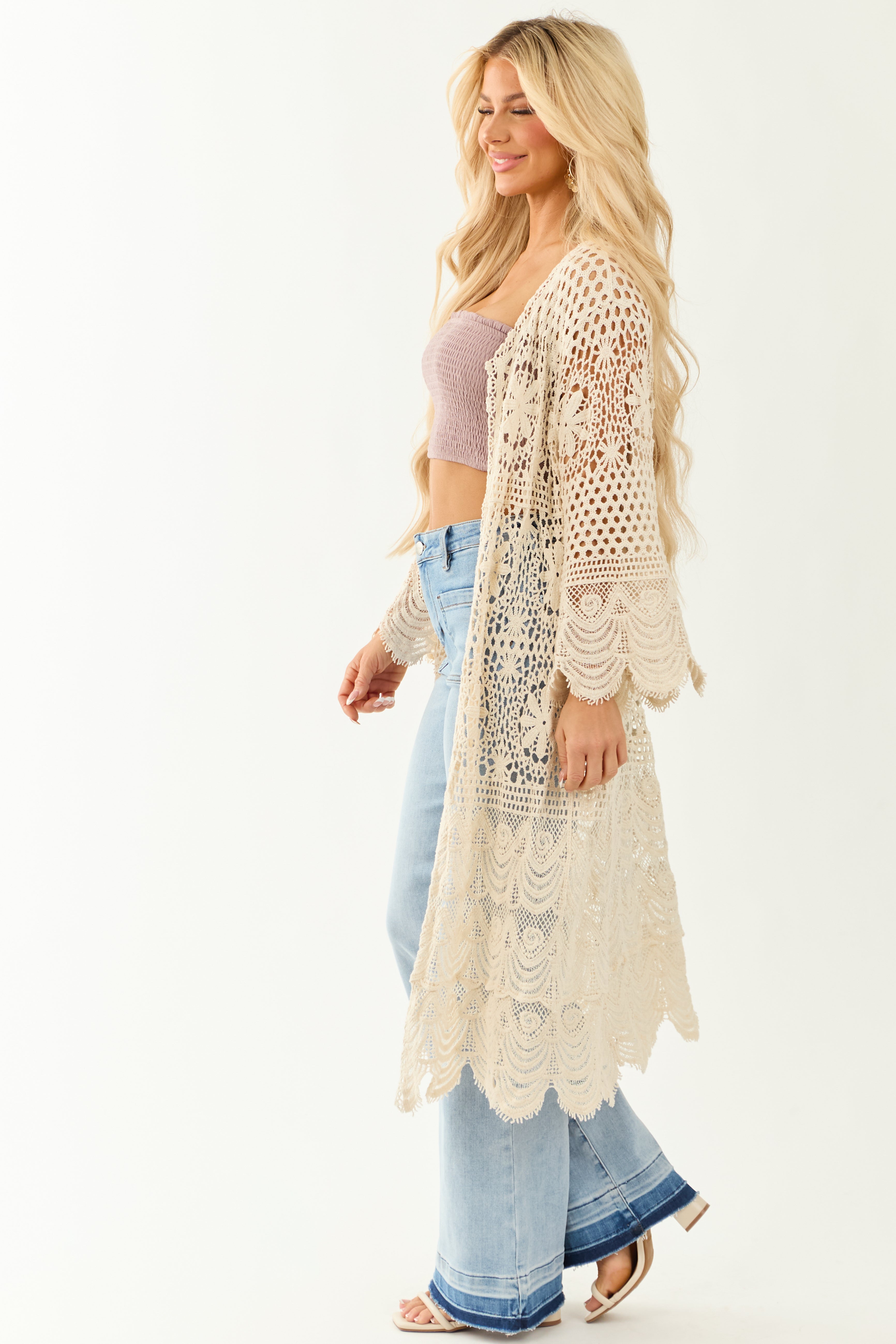 POL Cream Open Crochet Flare Sleeve Duster Cardigan POL Cream Open Crochet Flare Sleeve Duster Cardigan