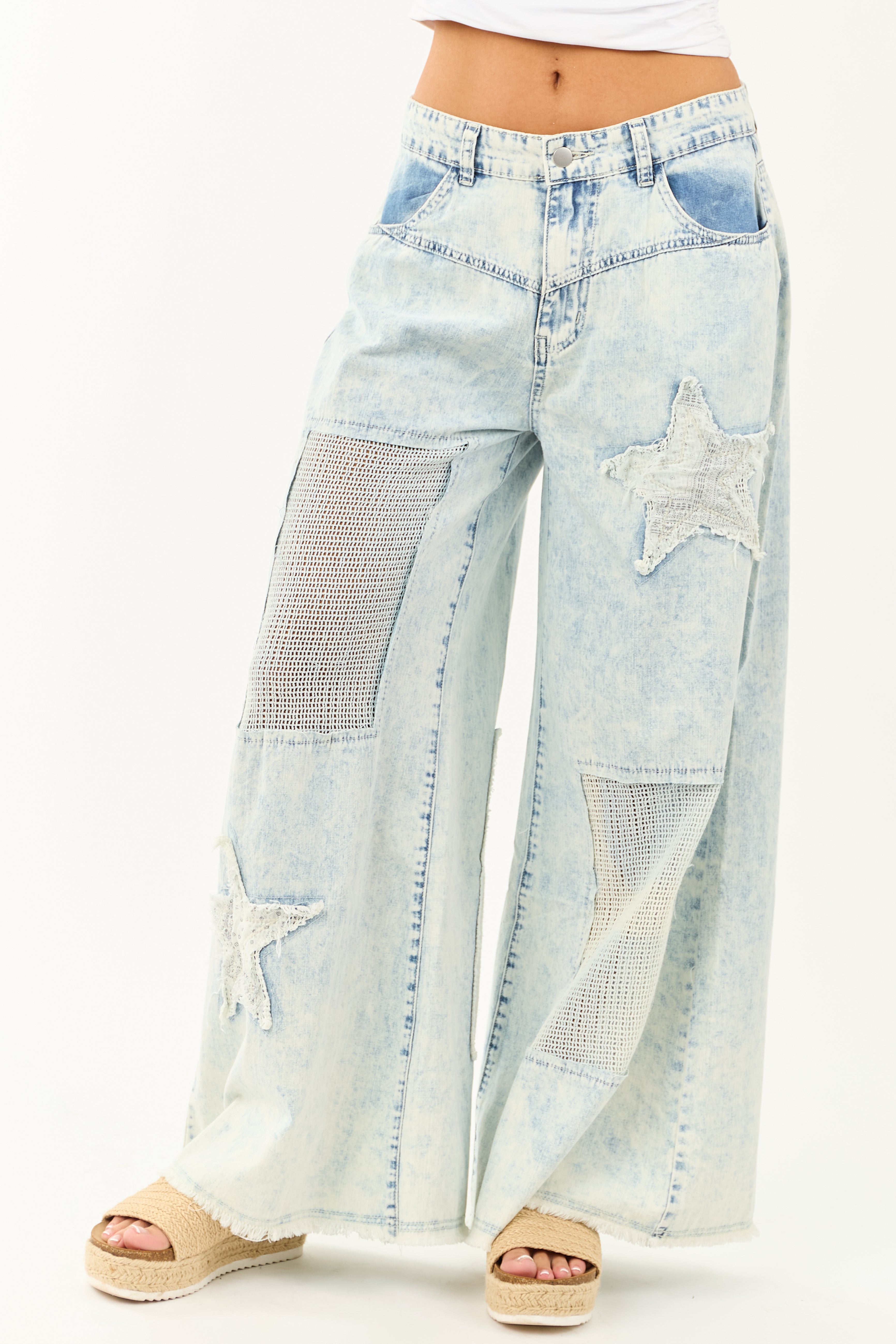 POL Acid Wash Patchwork Lightweight Denim Pants POL Acid Wash Patchwork Lightweight Denim Pants