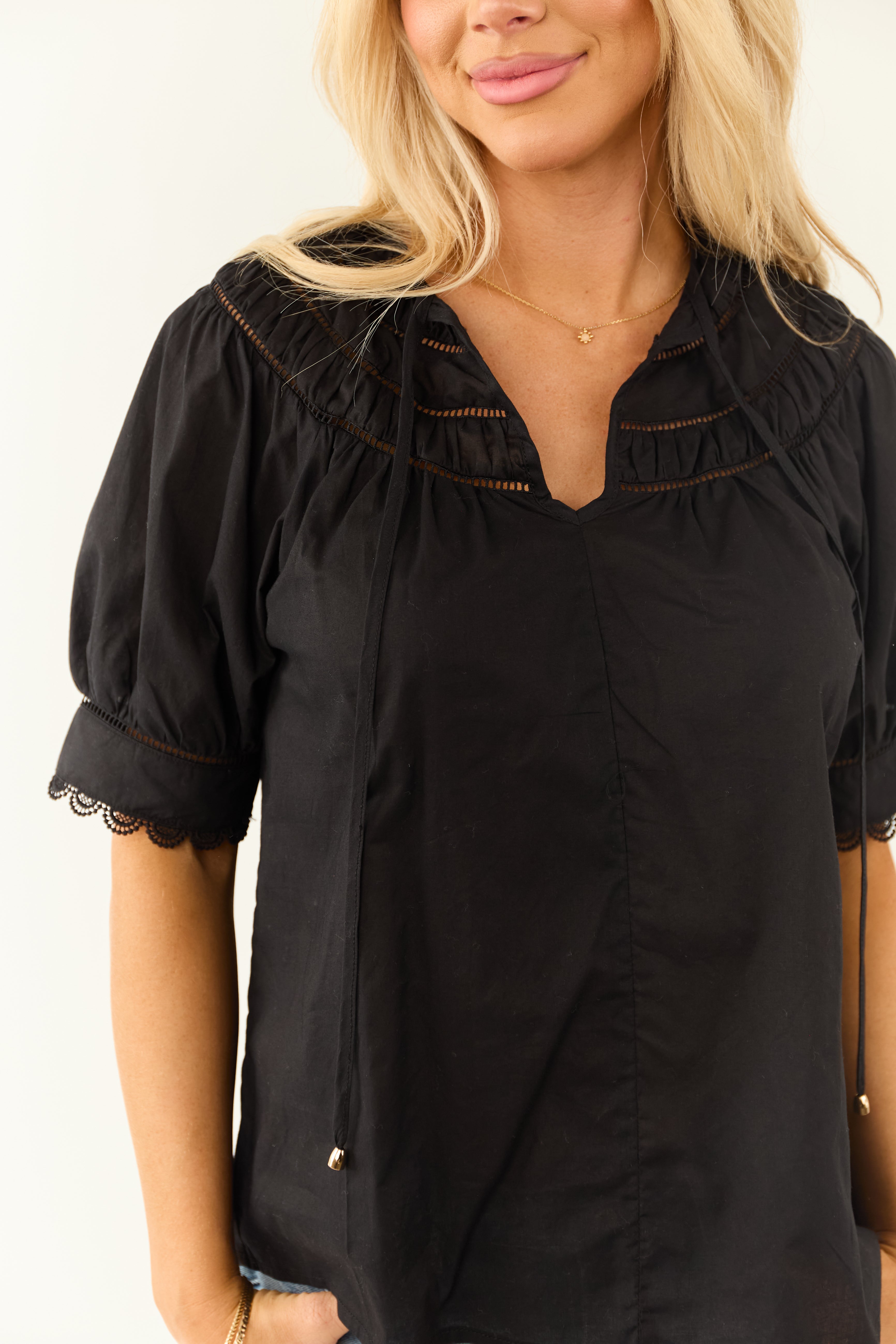 Entro Black Notch Neck Cotton Half Sleeve Top Entro Black Notch Neck Cotton Half Sleeve Top