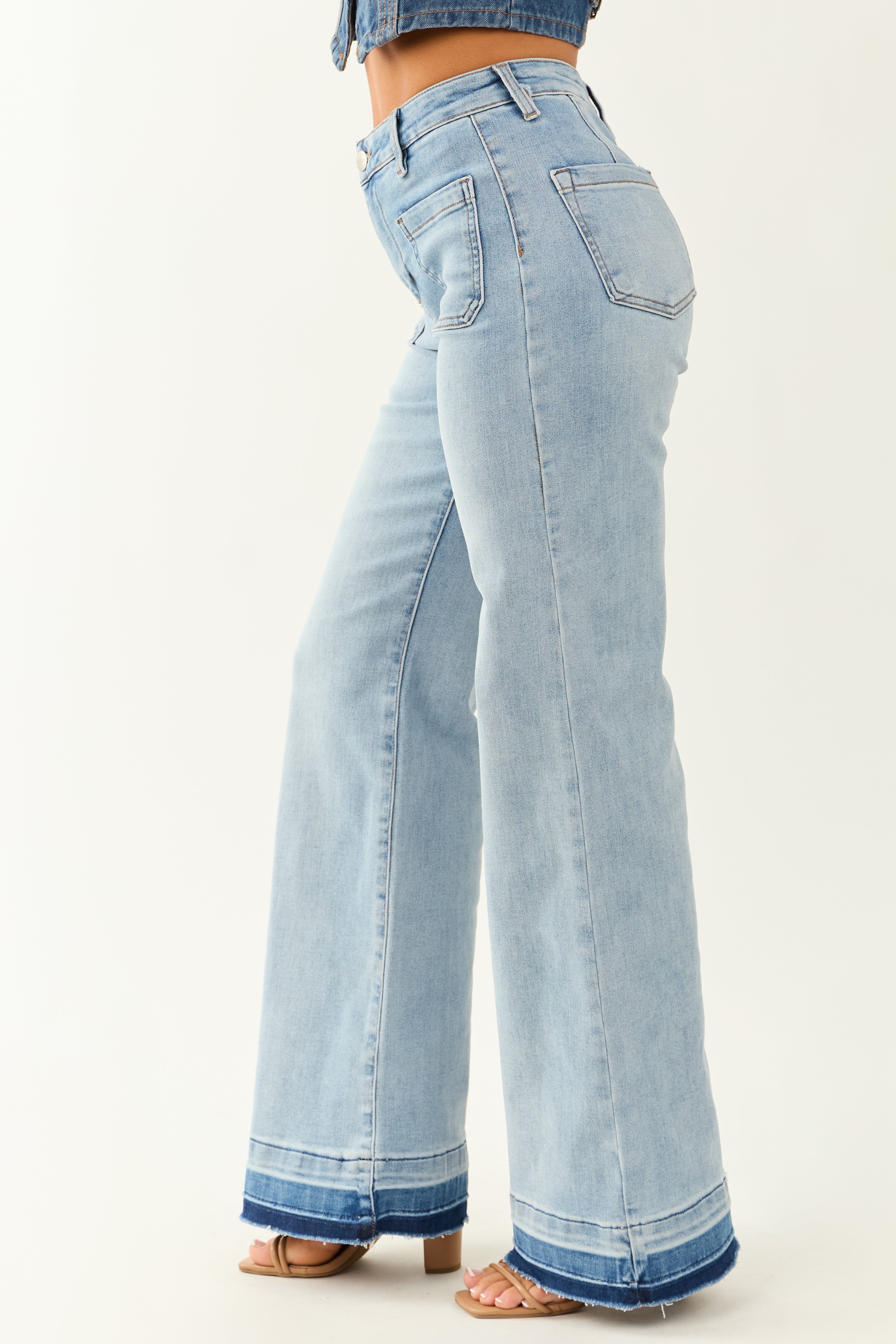 Risen Light Wash Stretchy Ombre Hem Wide Leg Jeans