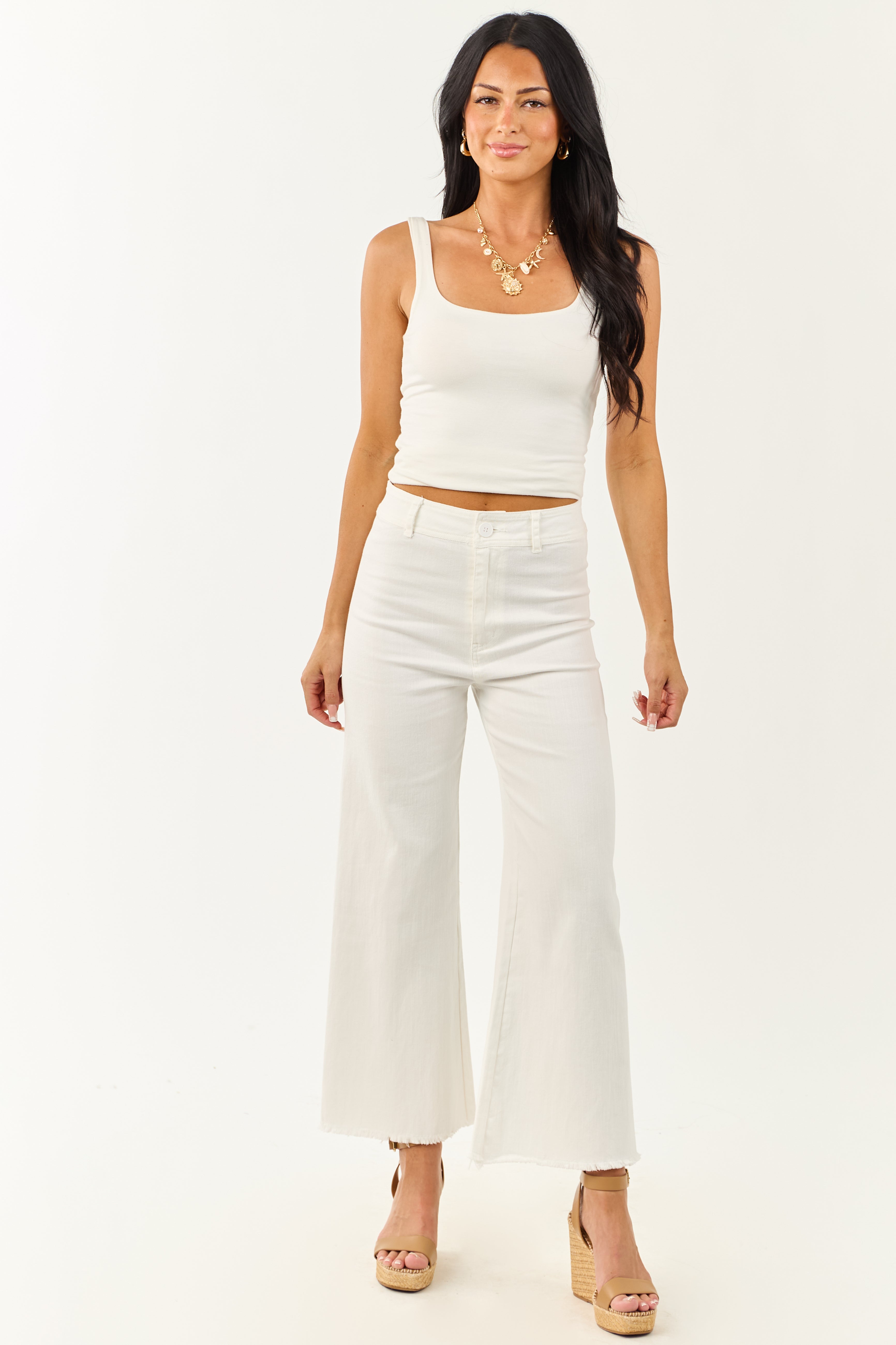 Off White Stretchy Denim Wide Leg Pants