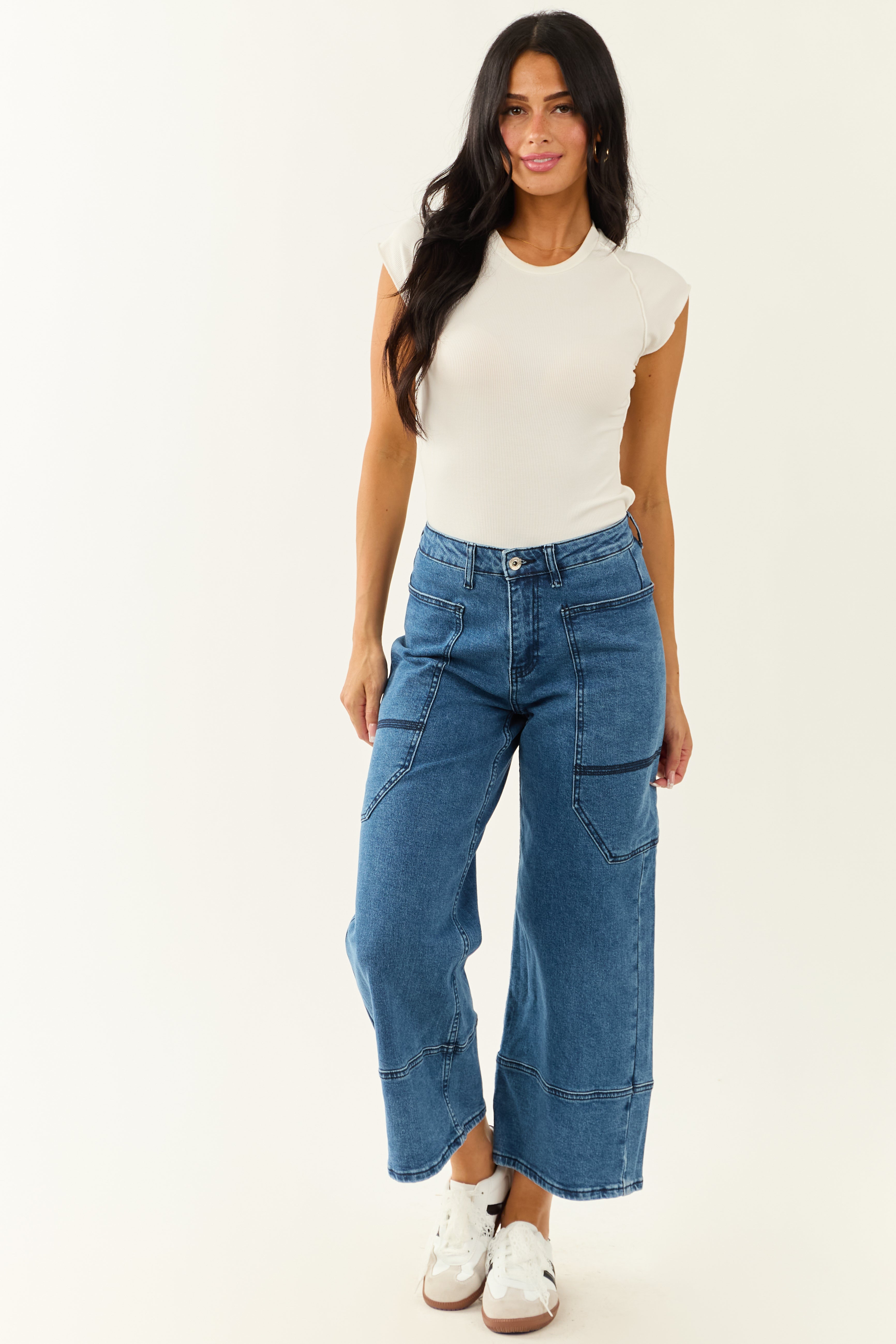 Saige Dark Wash Wide Leg Stretchy Wrap Pocket Jeans Saige Dark Wash Wide Leg Stretchy Wrap Pocket Jeans