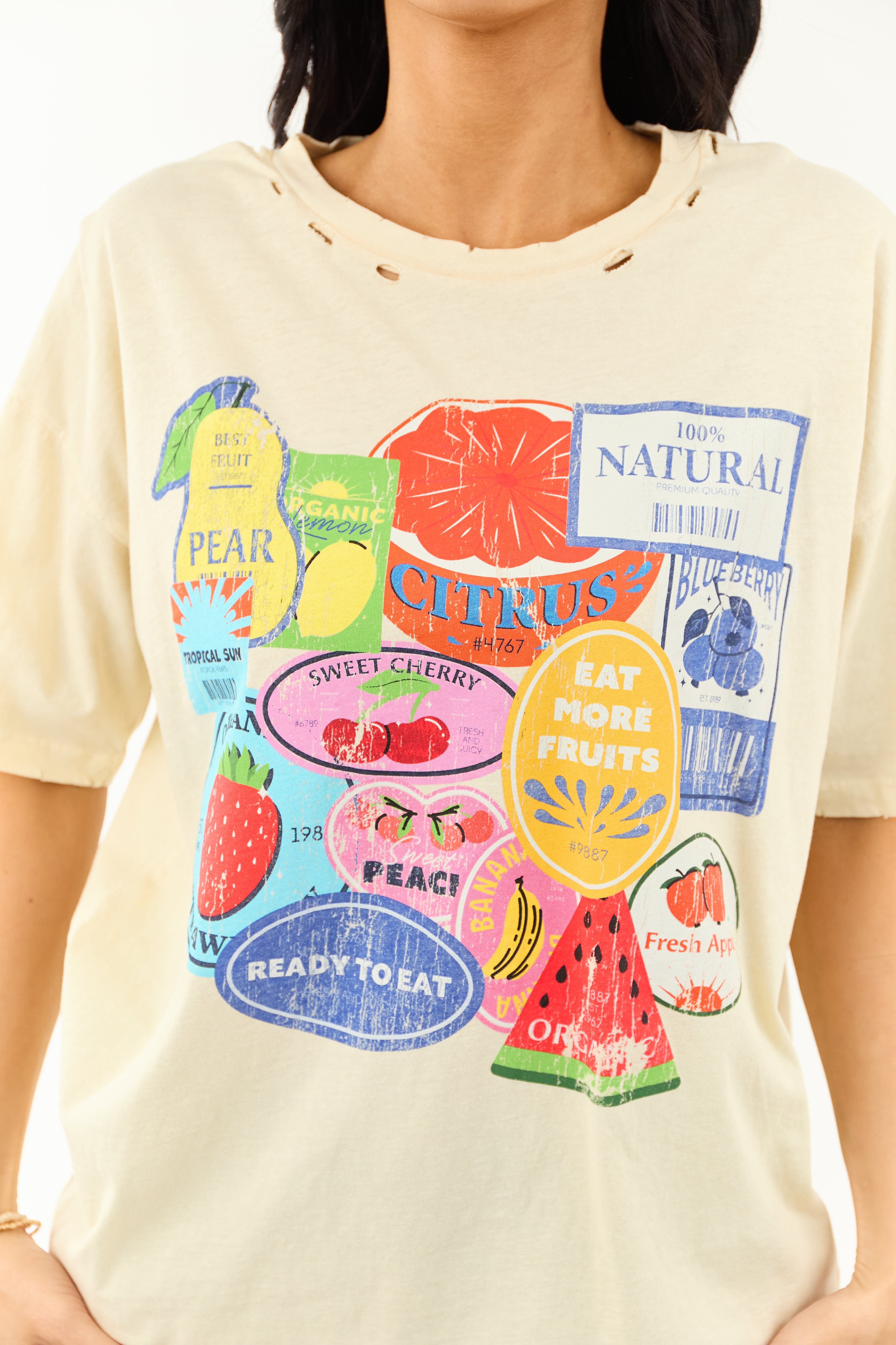 Almond Fruit Sticker Graphic Distressed Cotton Tee Almond Fruit Sticker Graphic Distressed Cotton Tee