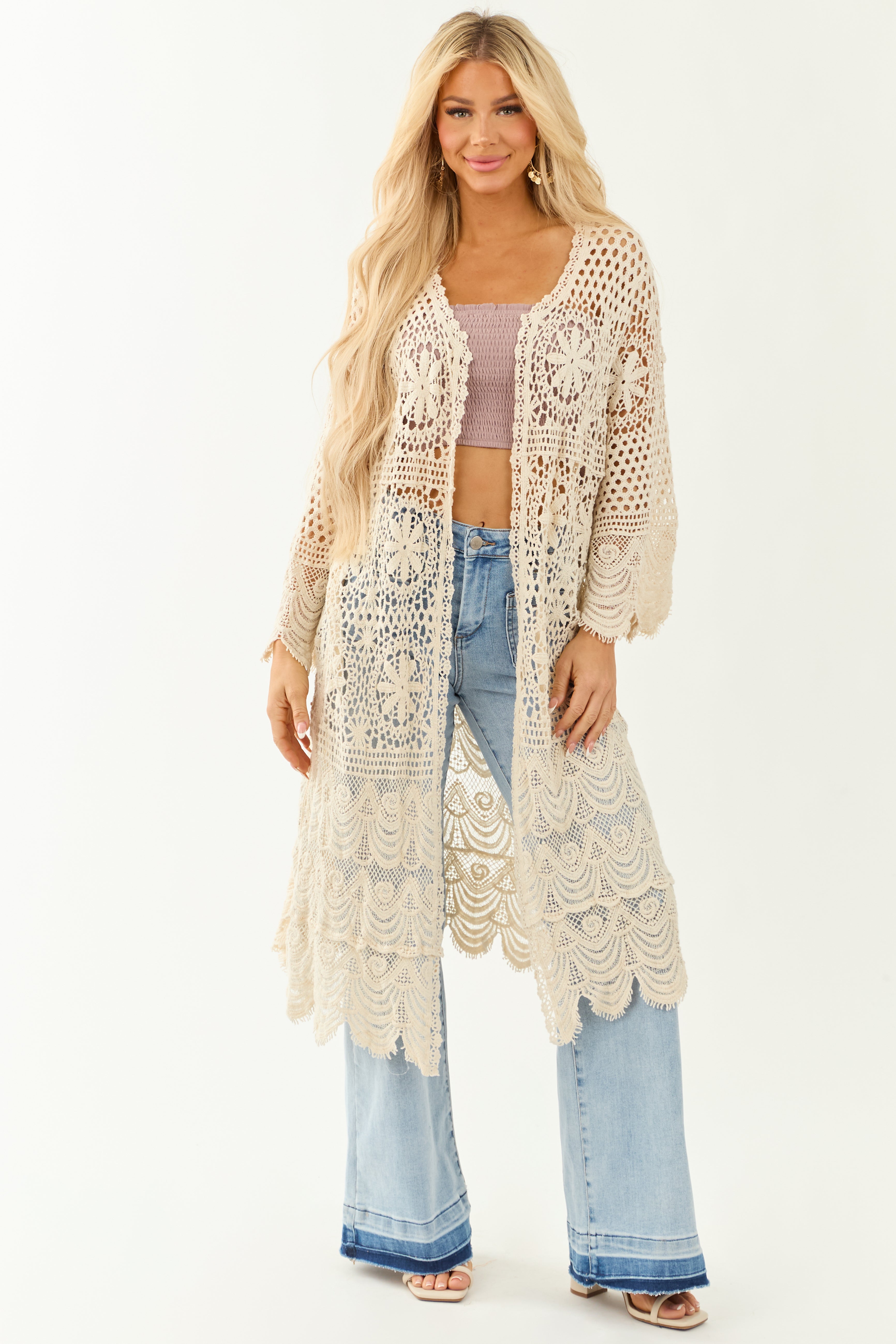 POL Cream Open Crochet Flare Sleeve Duster Cardigan POL Cream Open Crochet Flare Sleeve Duster Cardigan
