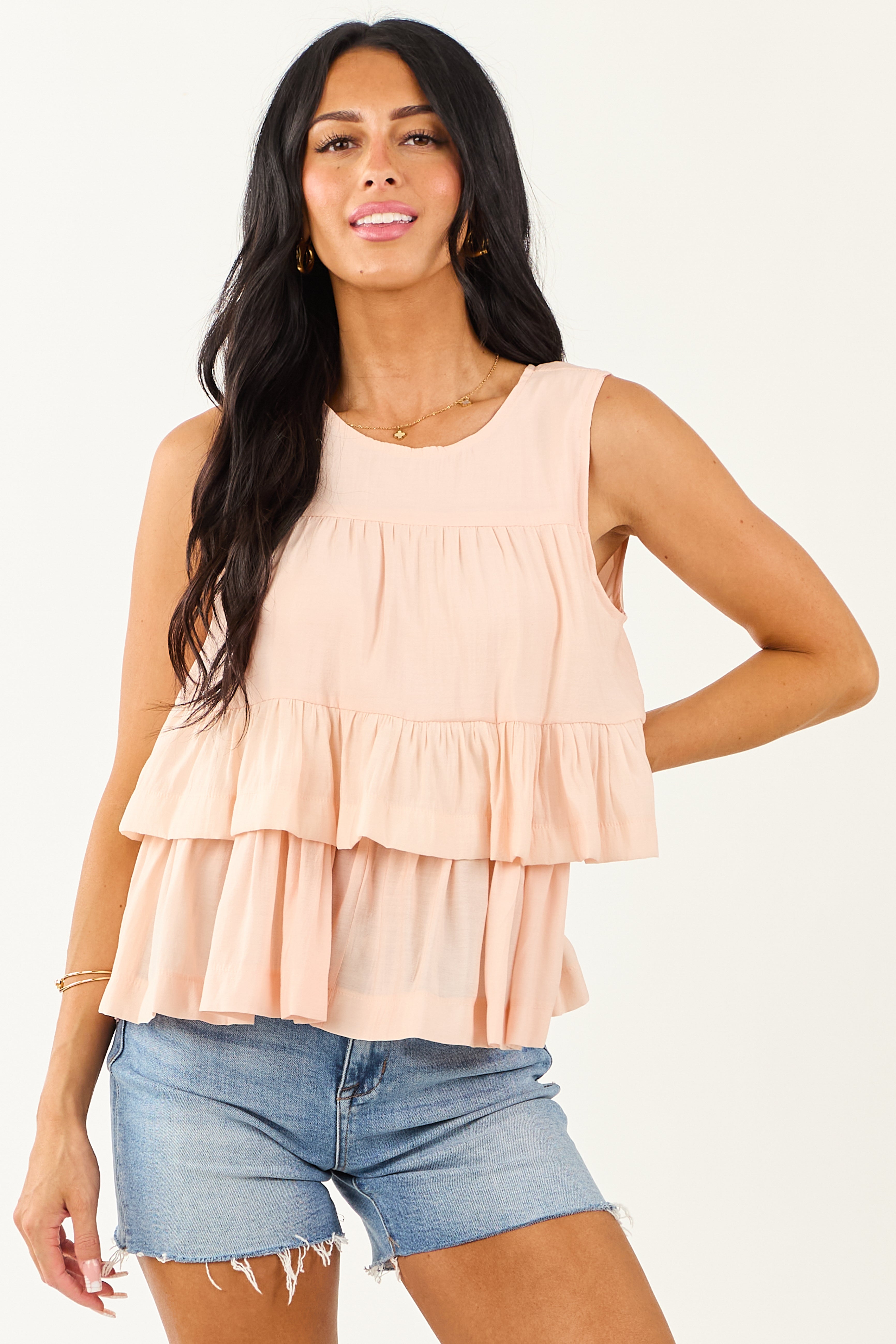 Peach Round Neck Tiered Ruffle Tank Top Peach Round Neck Tiered Ruffle Tank Top