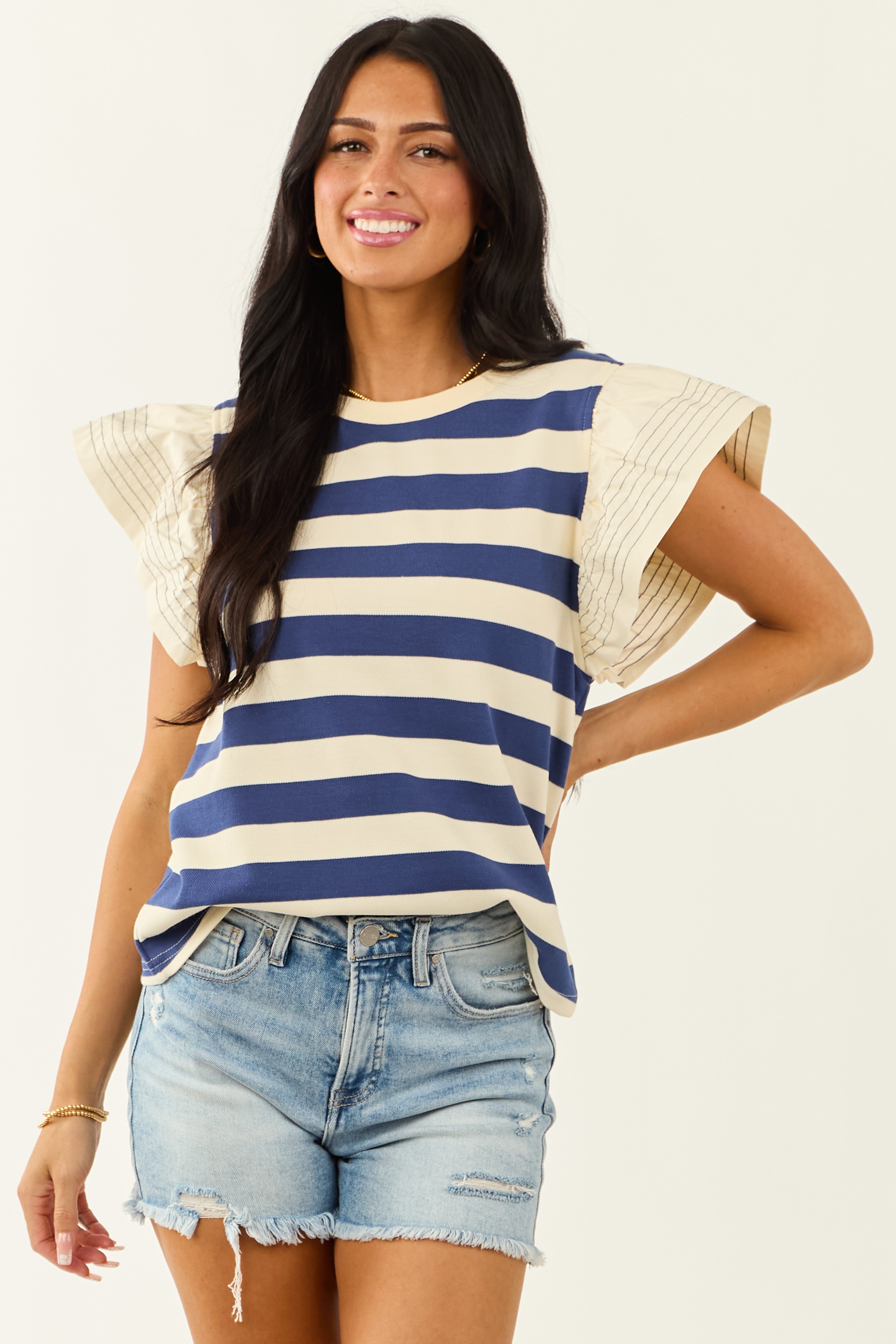 Navy and Cream Striped Ruffle Sleeve Top Navy and Cream Striped Ruffle Sleeve Top