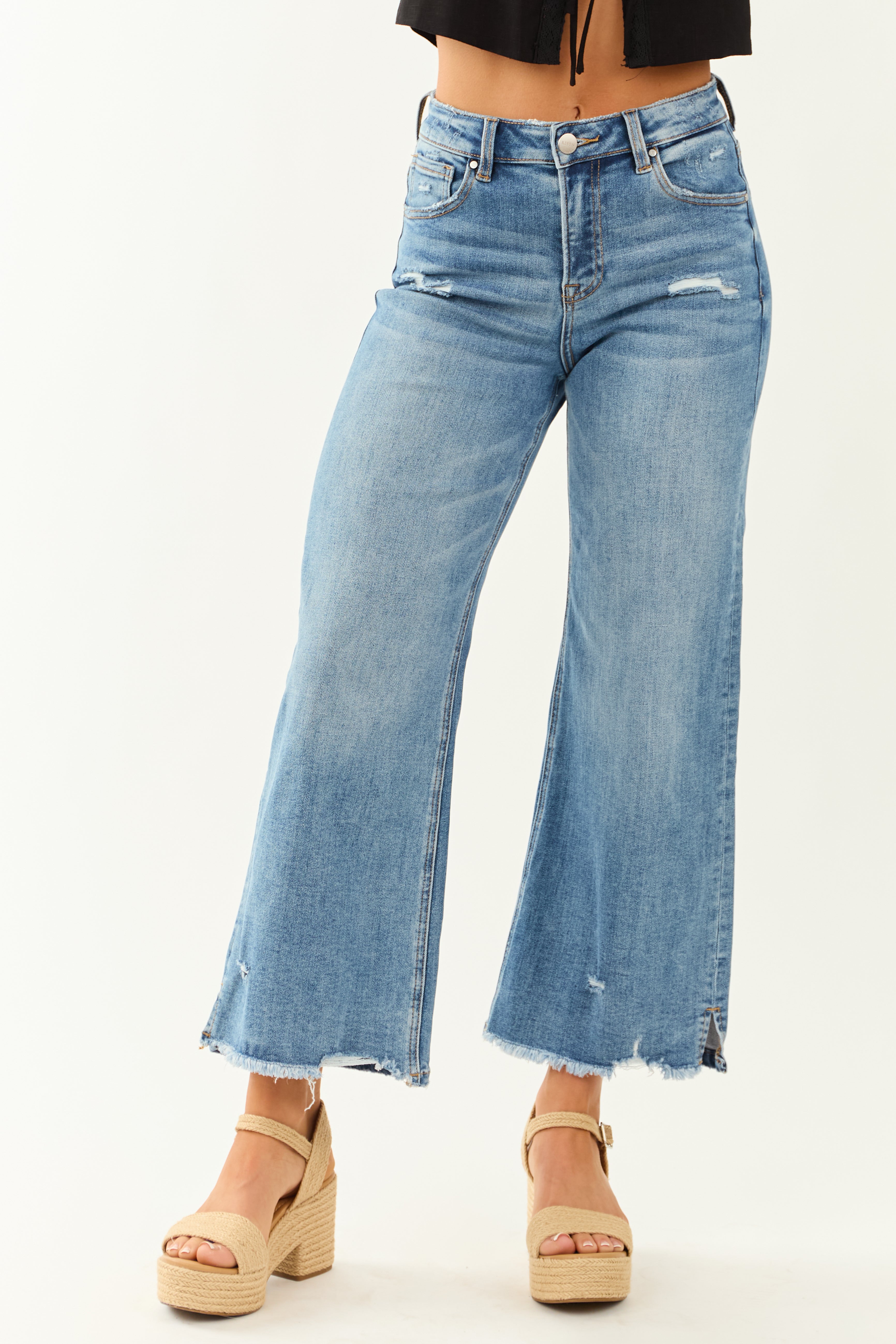 Risen Cropped Frayed Slit Hem Stretchy Wide Jeans Risen Cropped Frayed Slit Hem Stretchy Wide Jeans