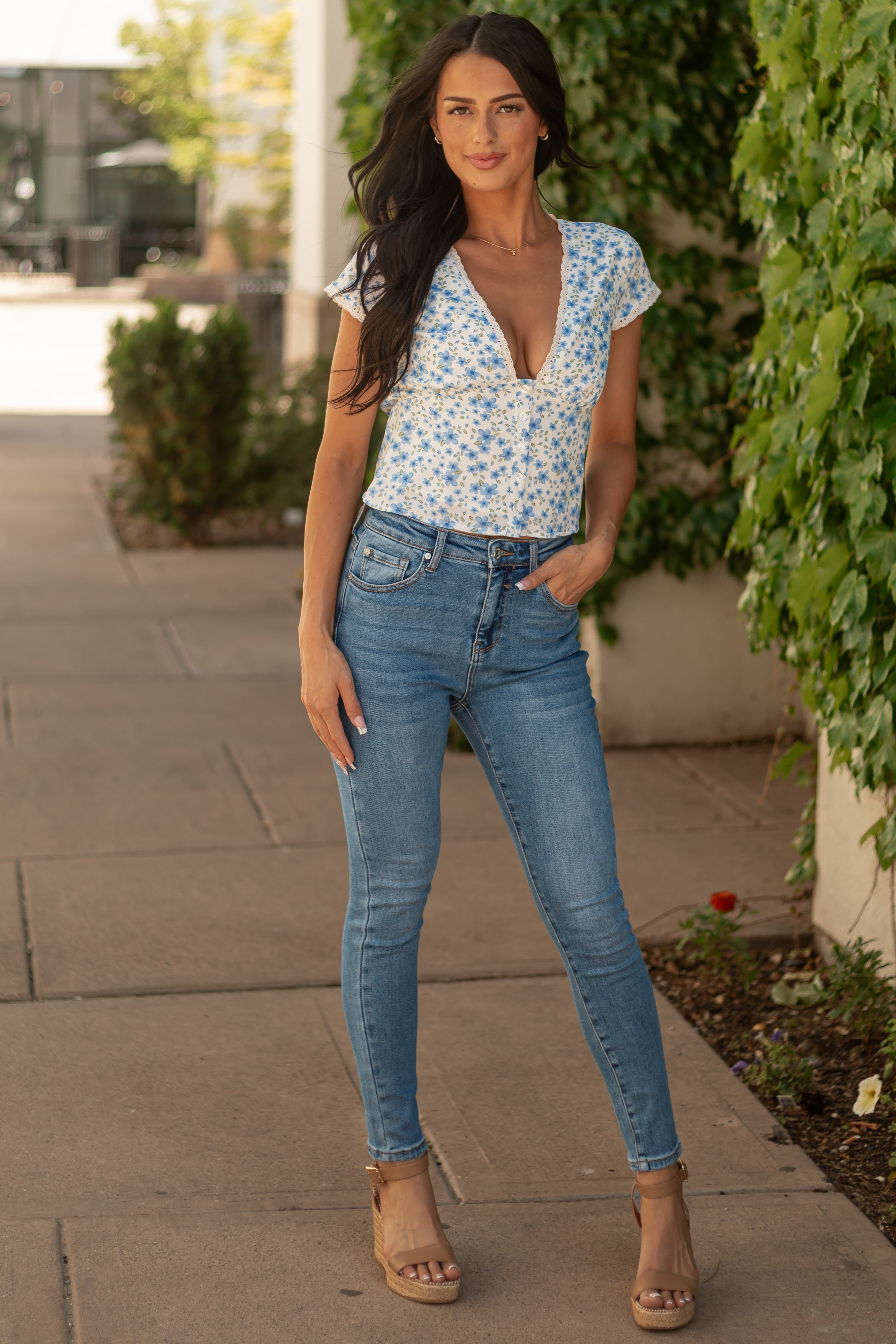 Ivory Floral Deep V Cap Sleeve Button Up Blouse Ivory Floral Deep V Cap Sleeve Button Up Blouse