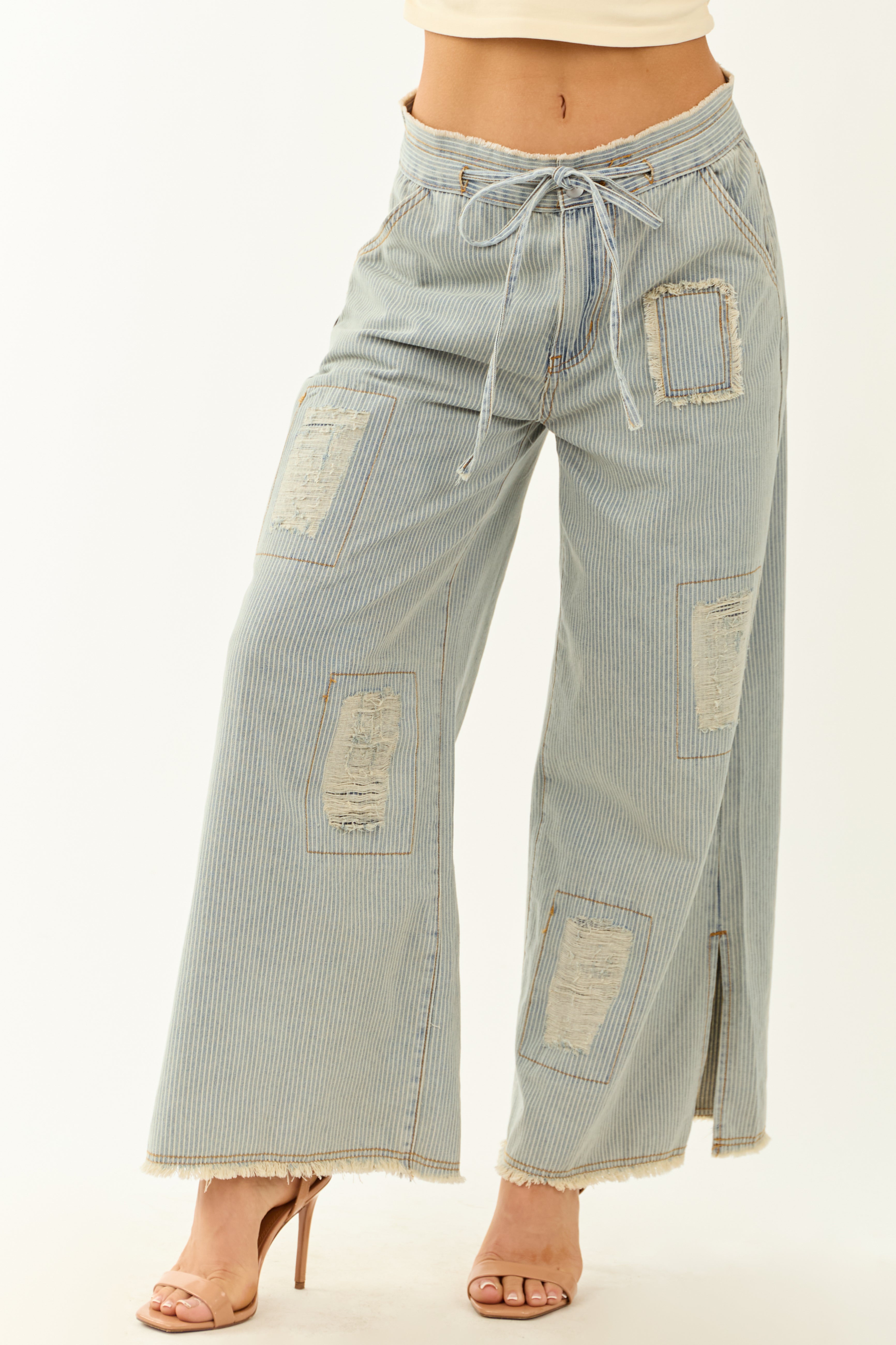 POL Powder Blue Railroad Stripe Wide Patchwork Pants POL Powder Blue Railroad Stripe Wide Patchwork Pants