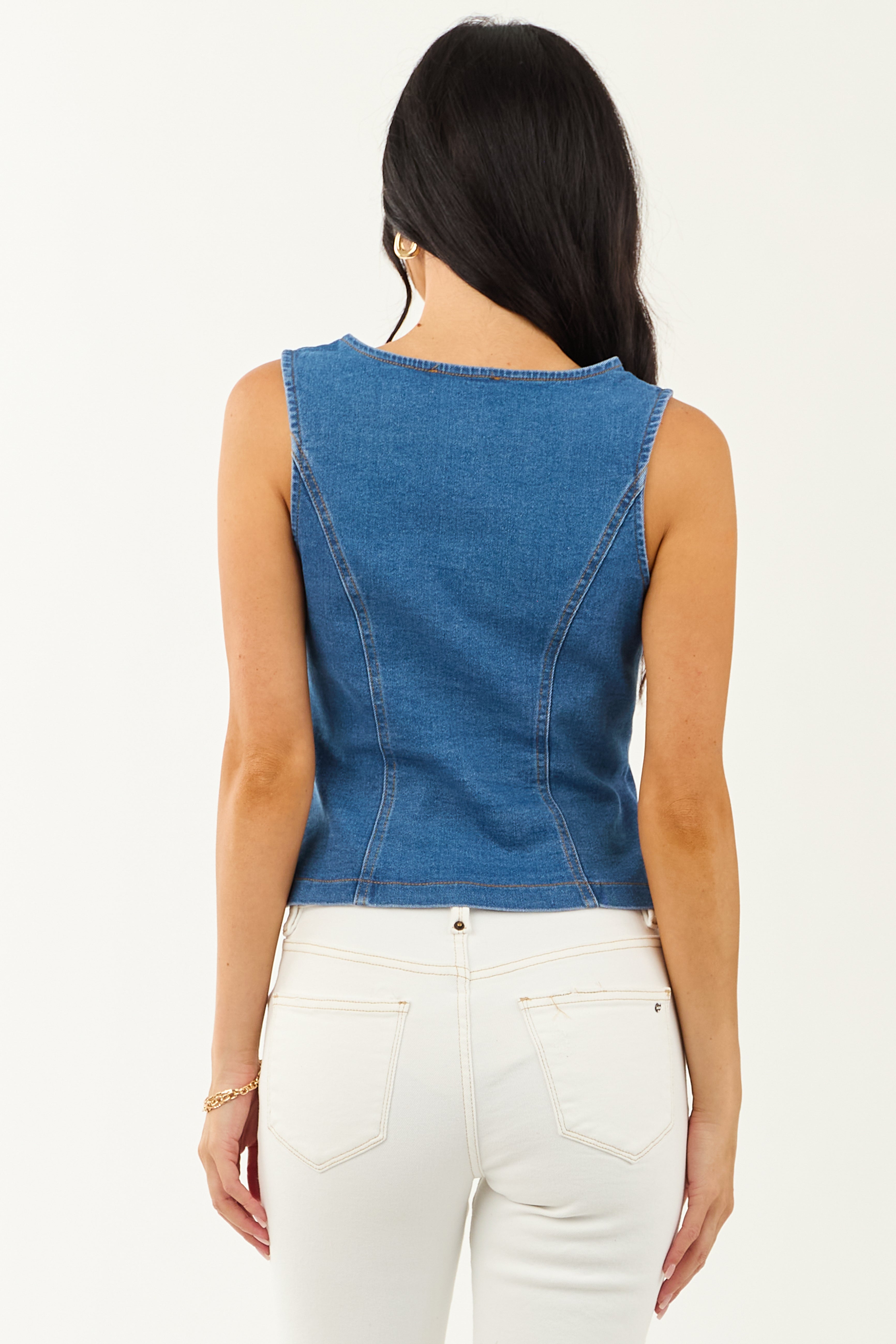 Medium Wash Stretchy Button Up Denim Vest