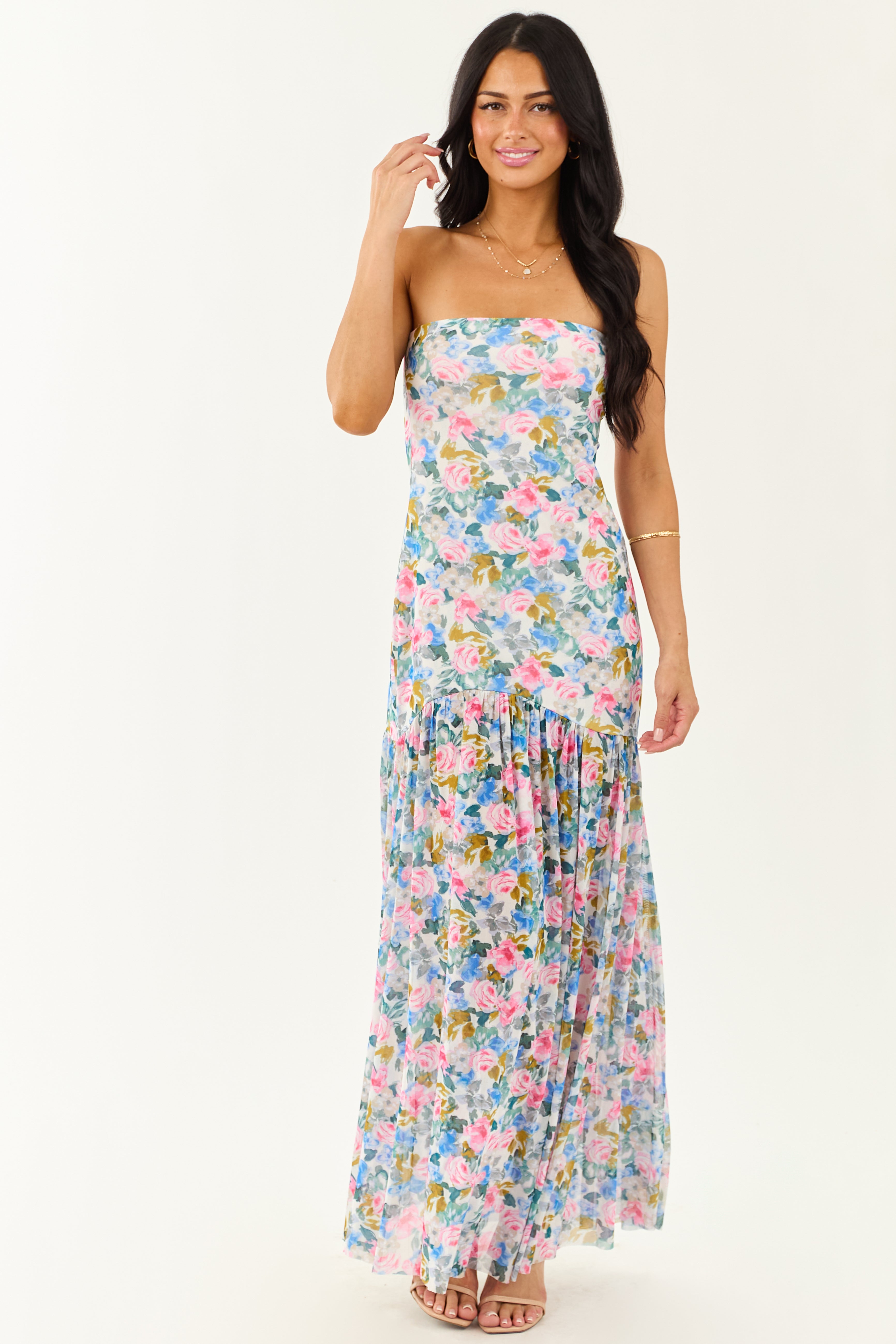 Ivory Floral Print Front Slit Mesh Maxi Dress