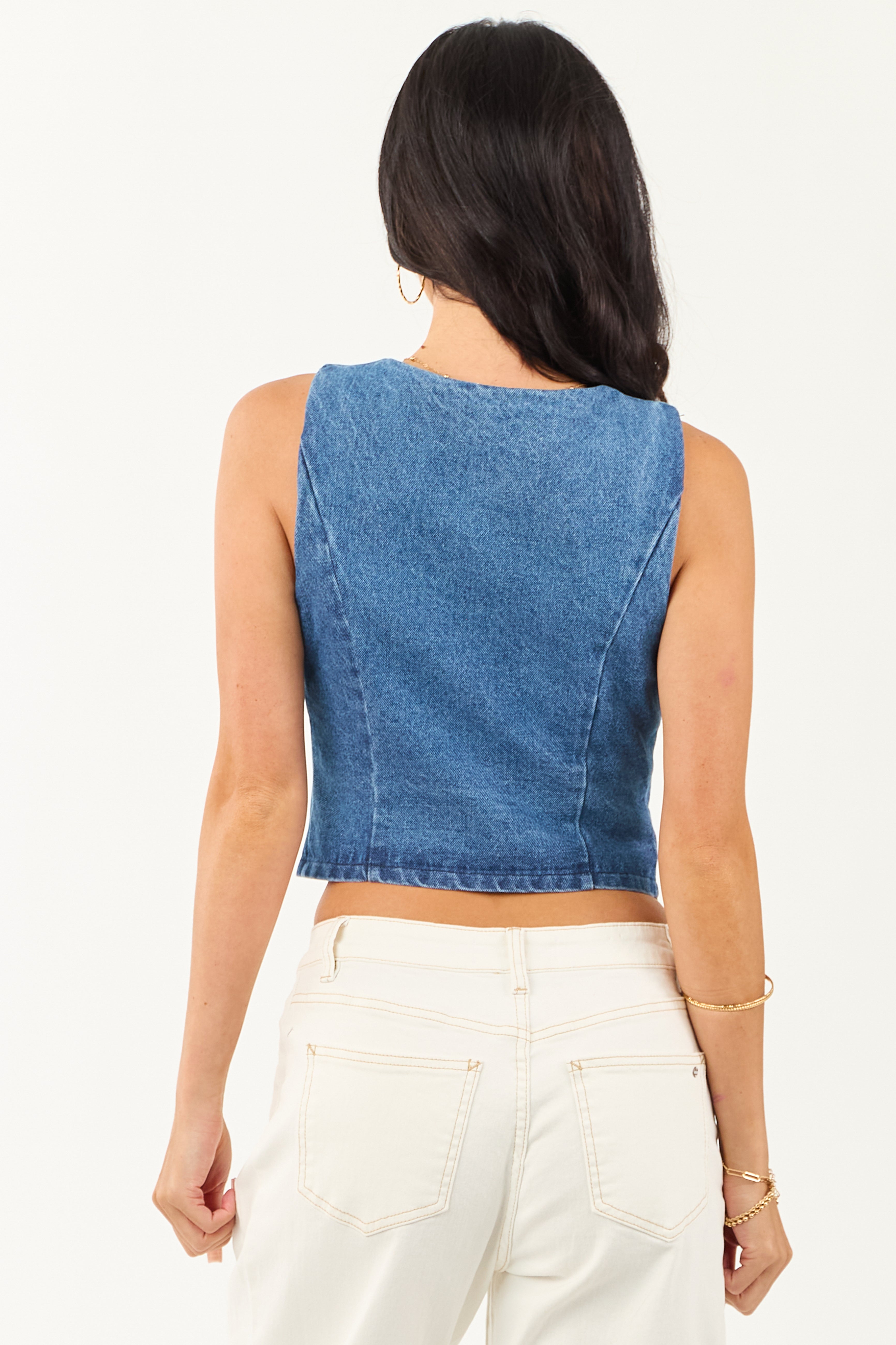 Medium Wash Princess Seam Button Up Denim Vest Medium Wash Princess Seam Button Up Denim Vest