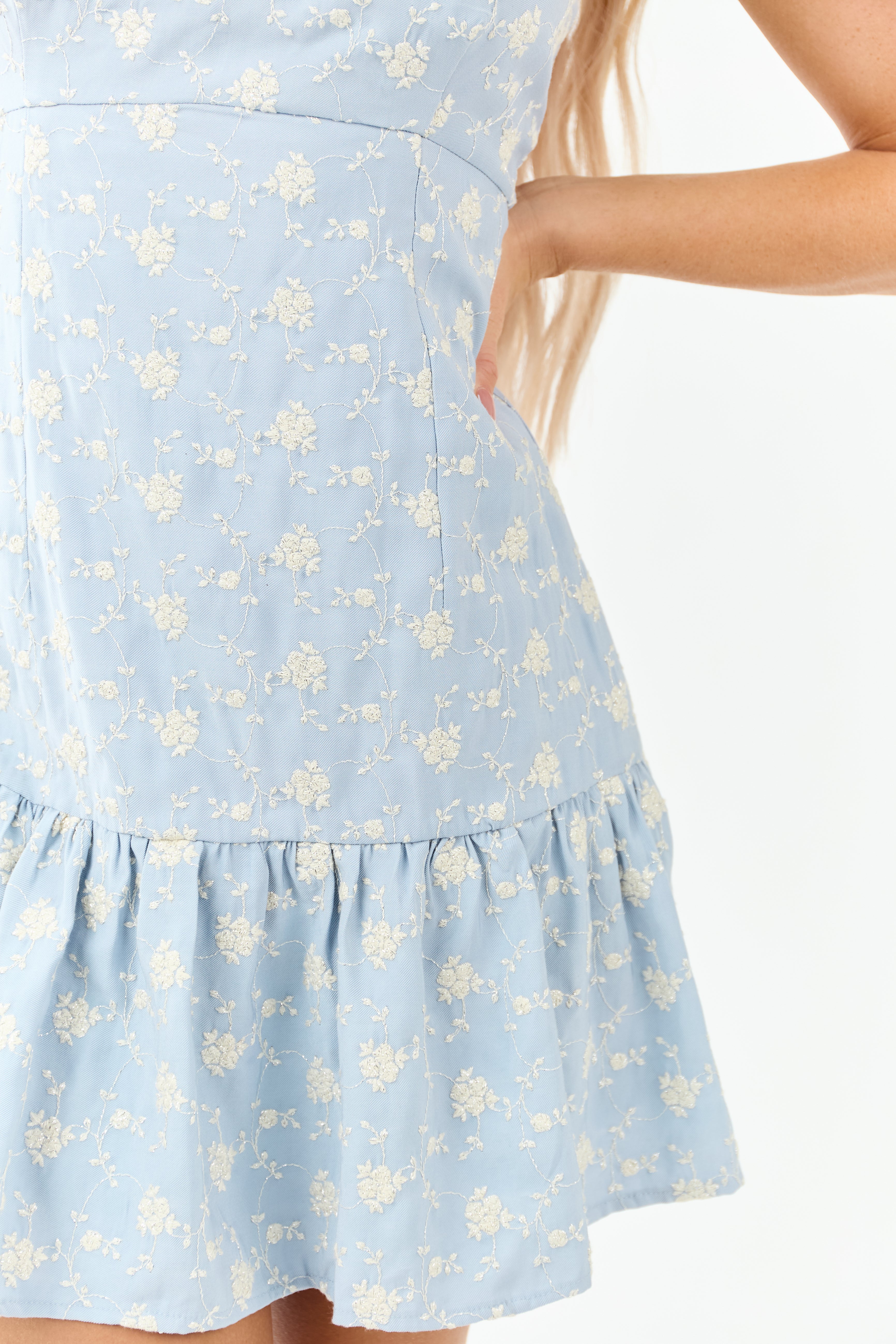 Powder Blue Floral Embroidered Strapless Mini Dress