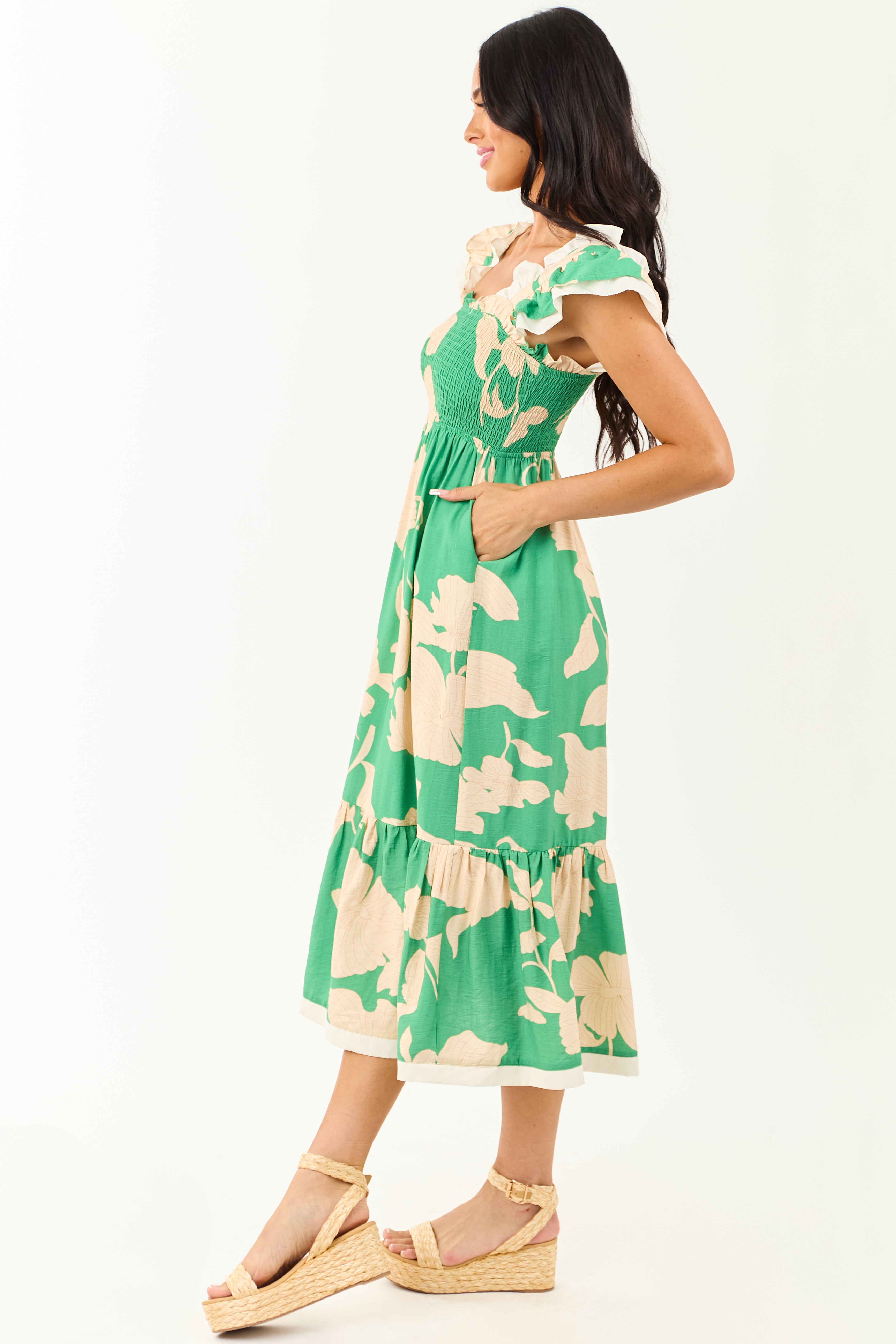 Kelly Green and Cream Floral Print Smocked Midi Dress Kelly Green and Cream Floral Print Smocked Midi Dress