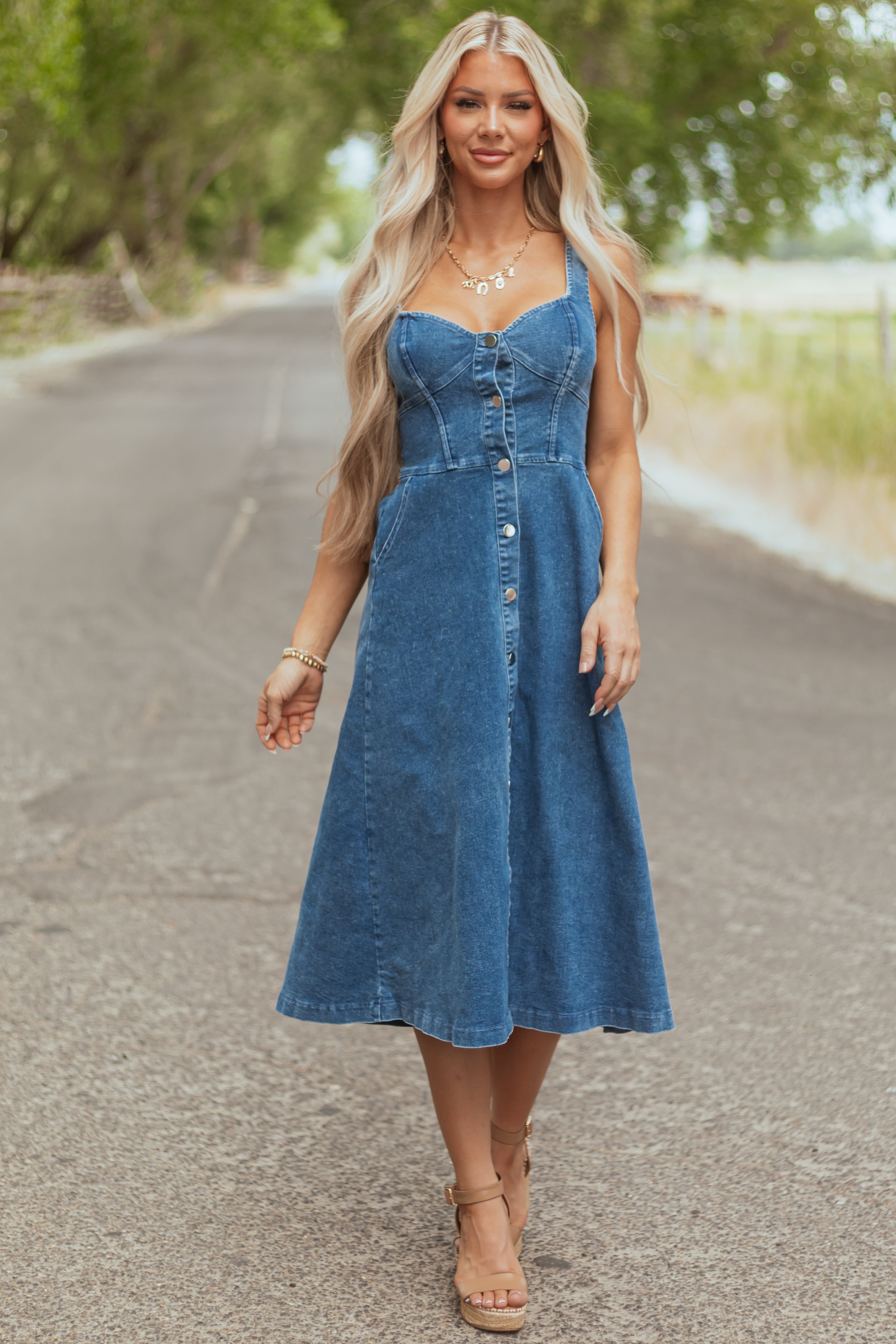 Medium Wash Button Down Sleeveless Denim Midi Dress Medium Wash Button Down Sleeveless Denim Midi Dress