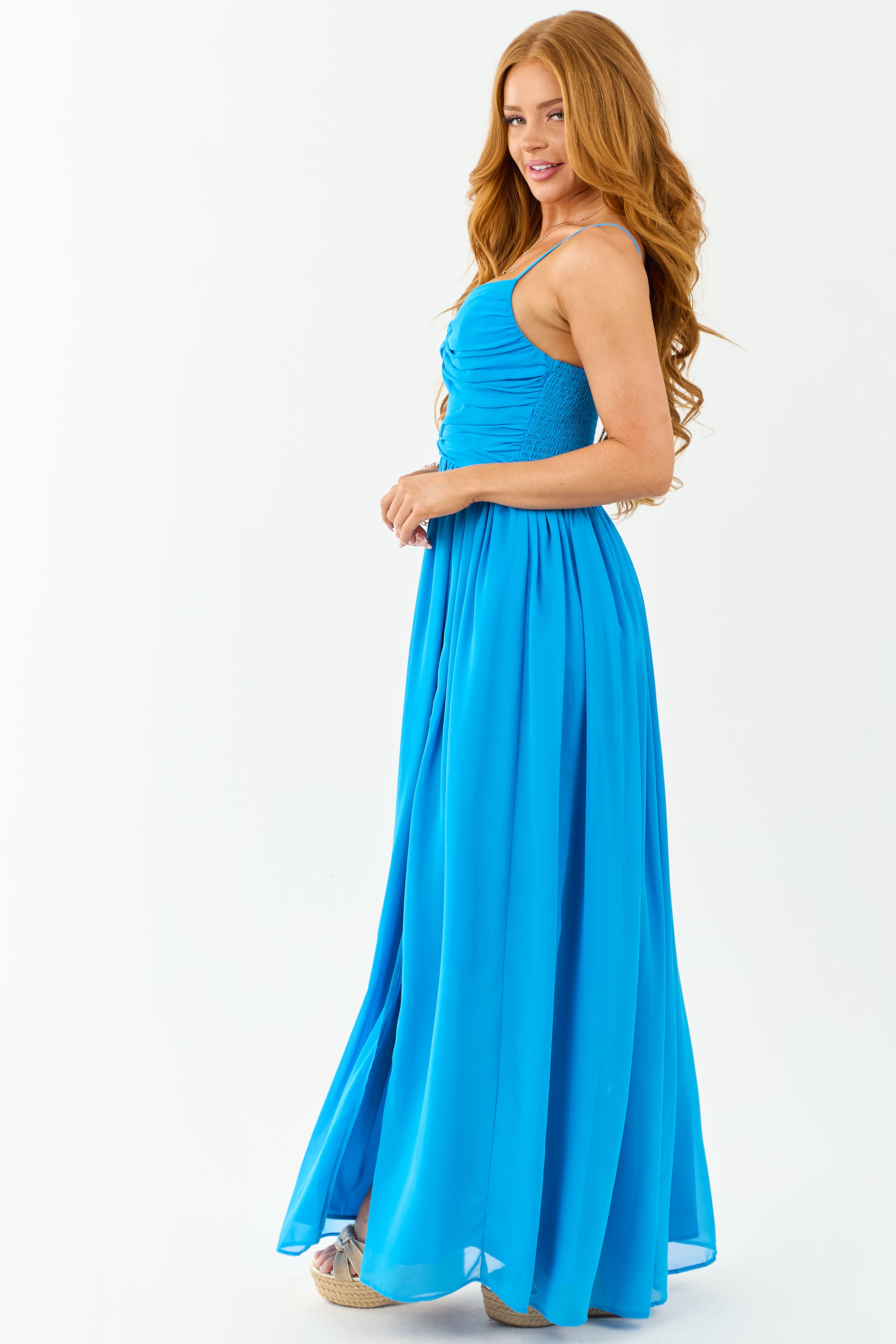 Azure Flowy Chiffon Front Twist Maxi Dress
