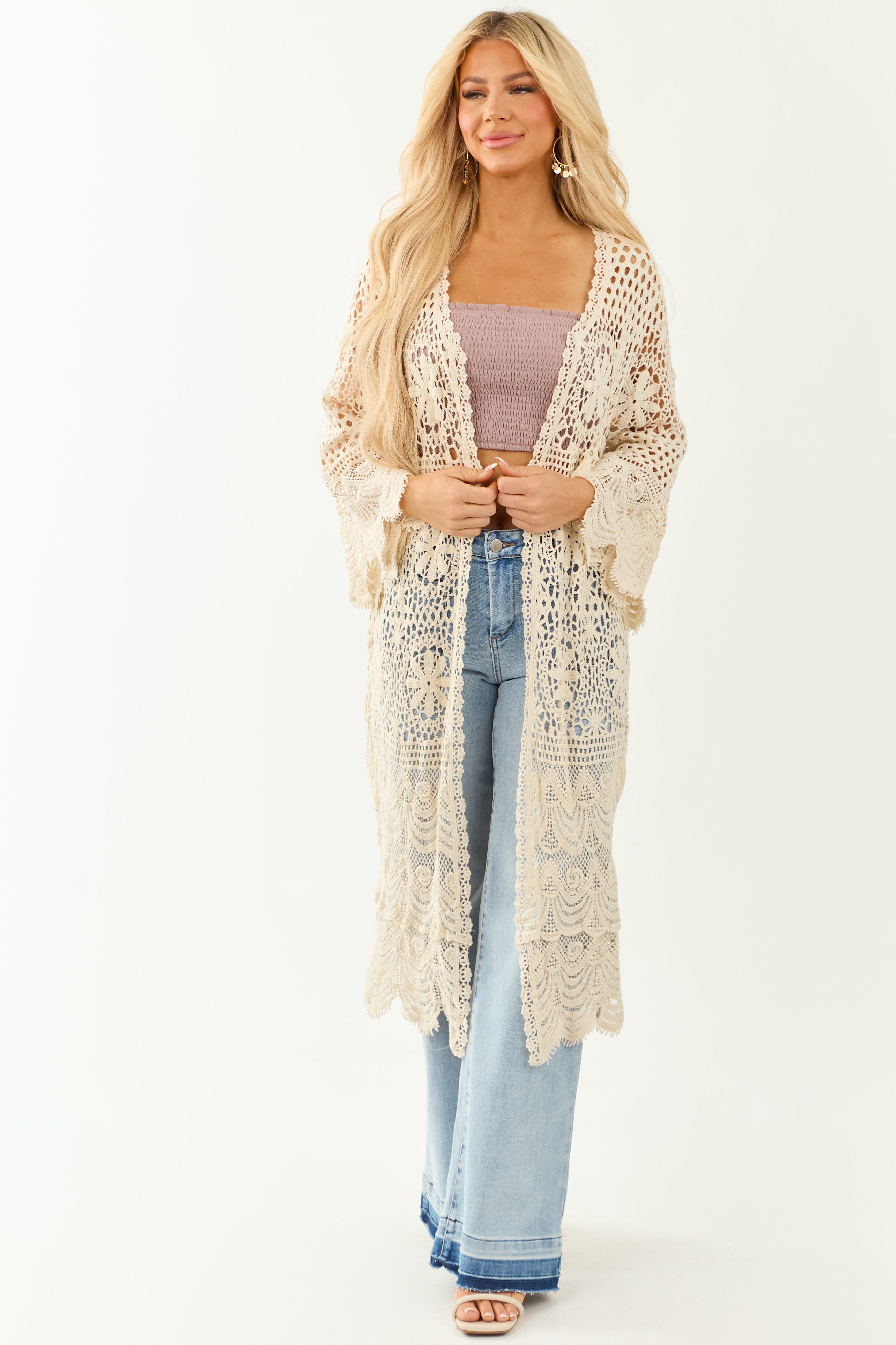 POL Cream Open Crochet Flare Sleeve Duster Cardigan POL Cream Open Crochet Flare Sleeve Duster Cardigan