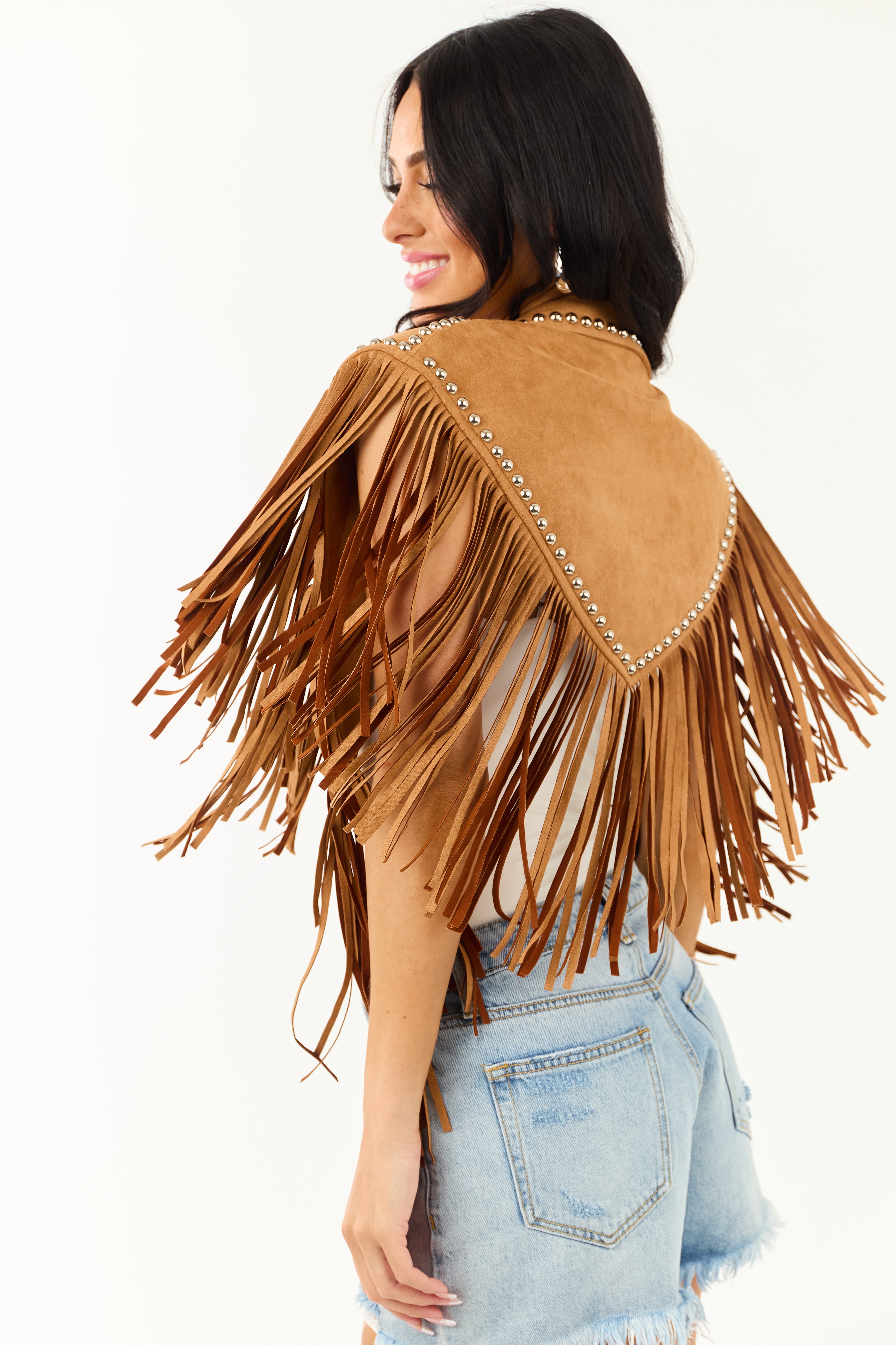 Brown Sugar Faux Suede Studded Fringe Shawl Brown Sugar Faux Suede Studded Fringe Shawl