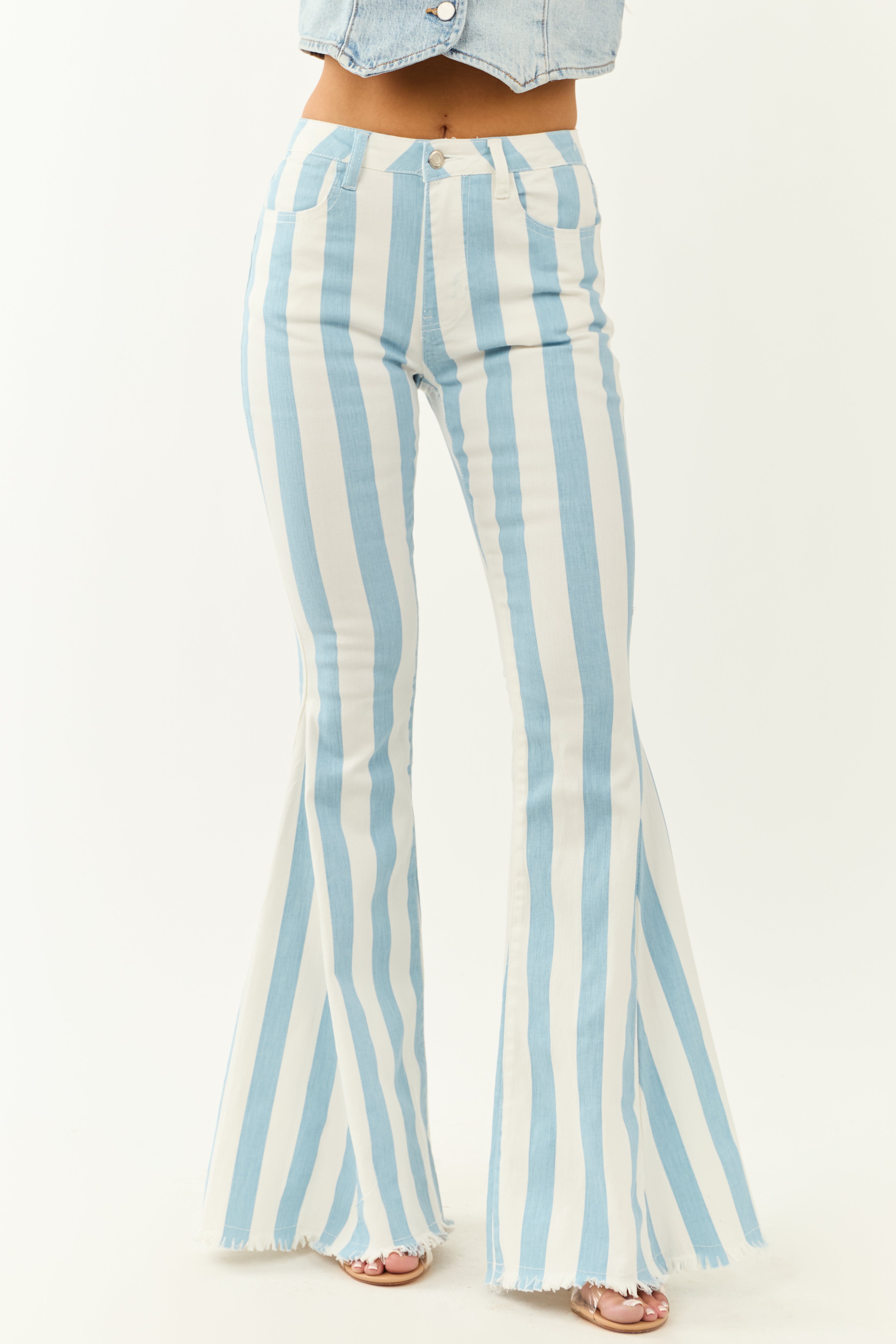 Powder Blue Striped Stretchy High Rise Flare Jeans Powder Blue Striped Stretchy High Rise Flare Jeans