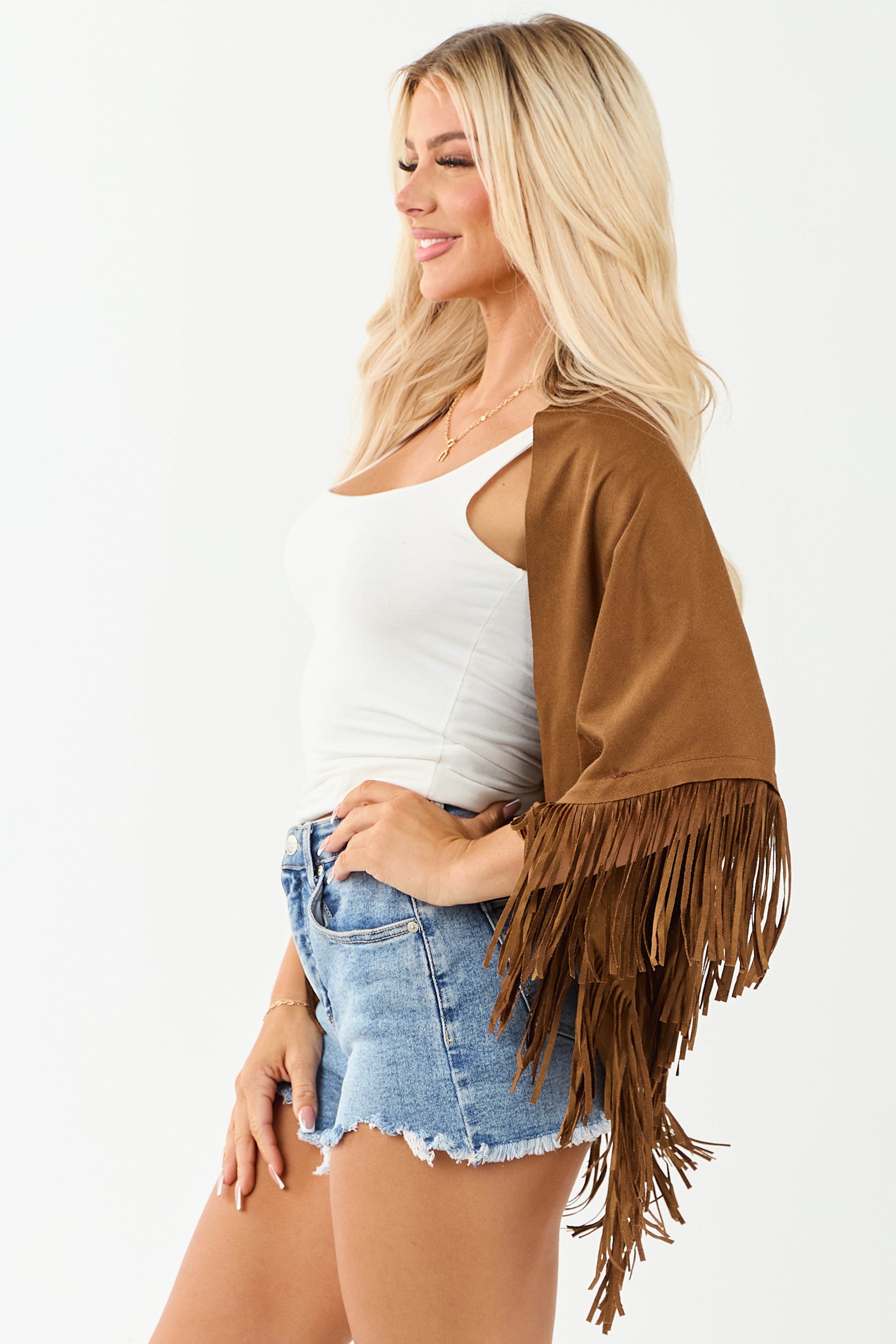 Sepia Faux Suede Boho Fringe Shawl Sepia Faux Suede Boho Fringe Shawl