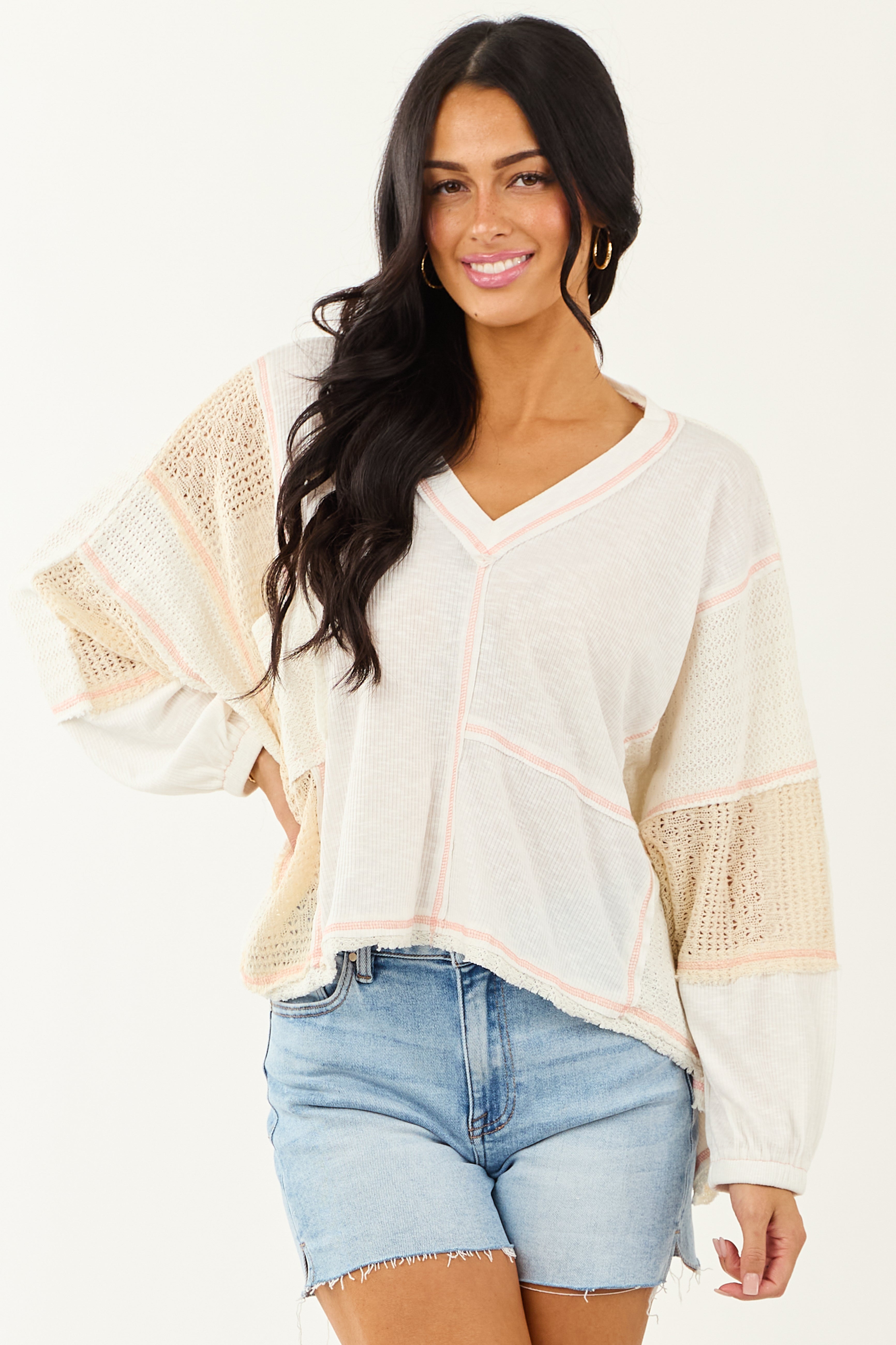POL Off White and Cream Contrast Knit Relaxed Top POL Off White and Cream Contrast Knit Relaxed Top