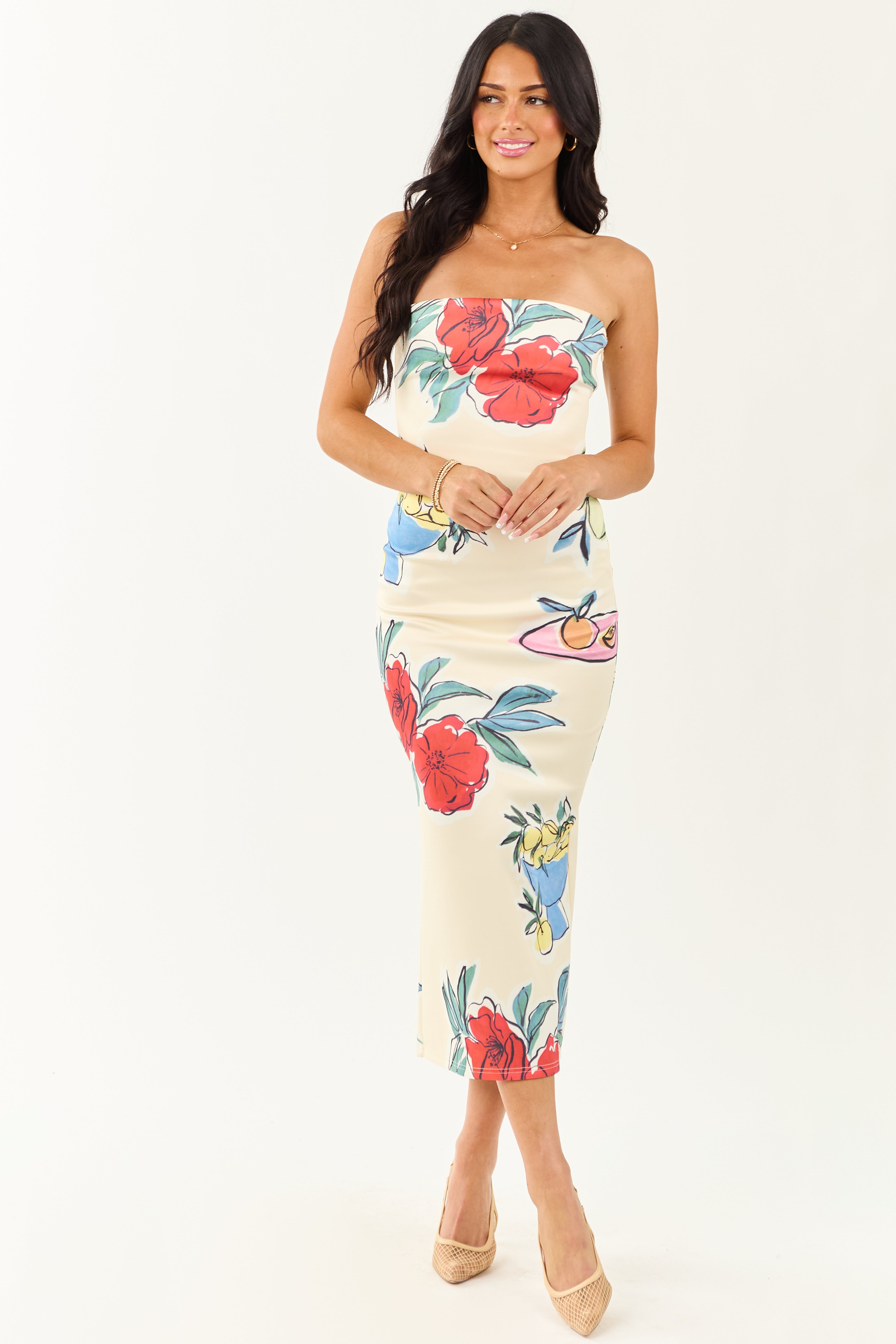 Cream Fruit and Floral Print Strapless Midi Dress Cream Fruit and Floral Print Strapless Midi Dress