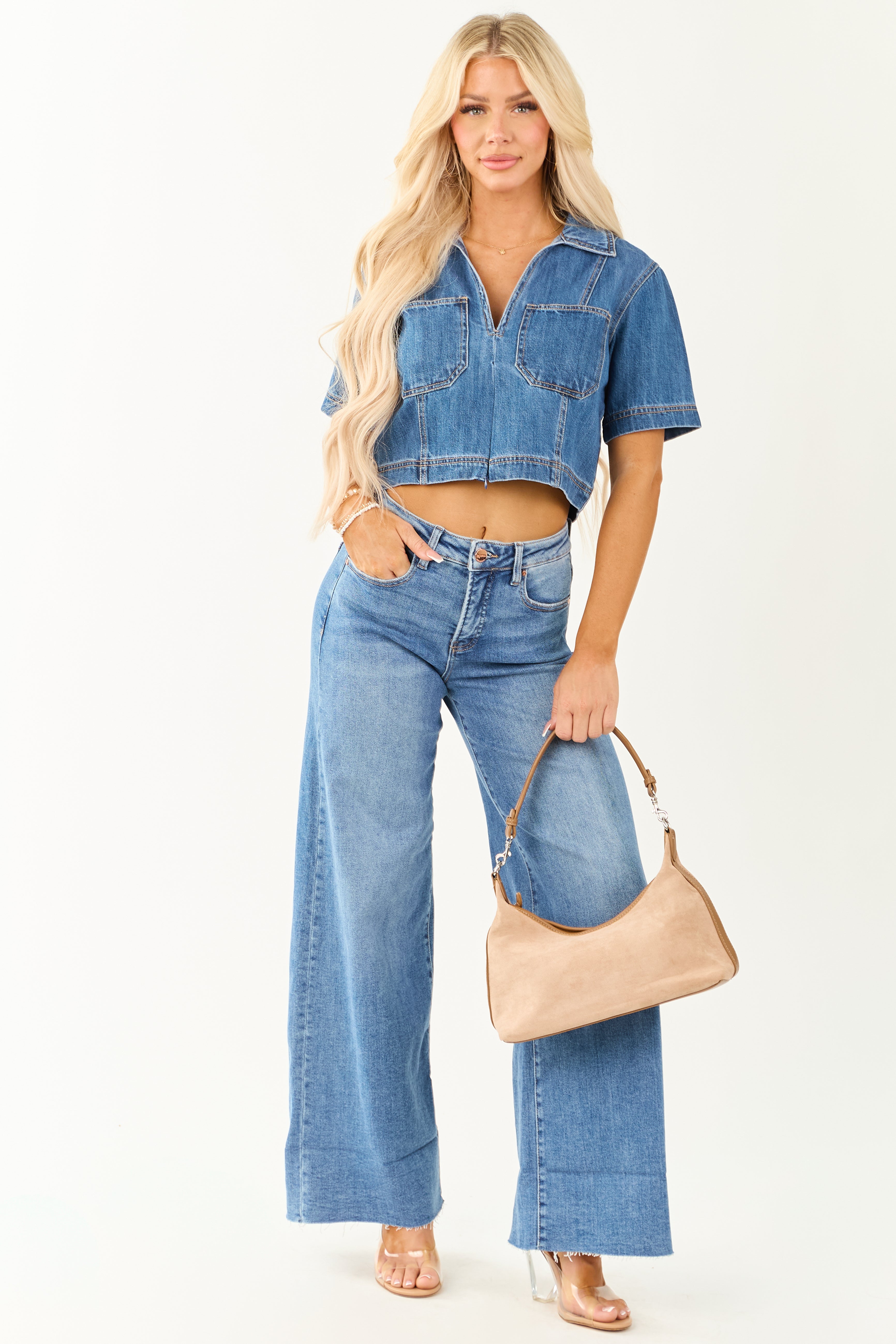 Risen Medium Wash Denim V Neck Short Sleeve Top Risen Medium Wash Denim V Neck Short Sleeve Top