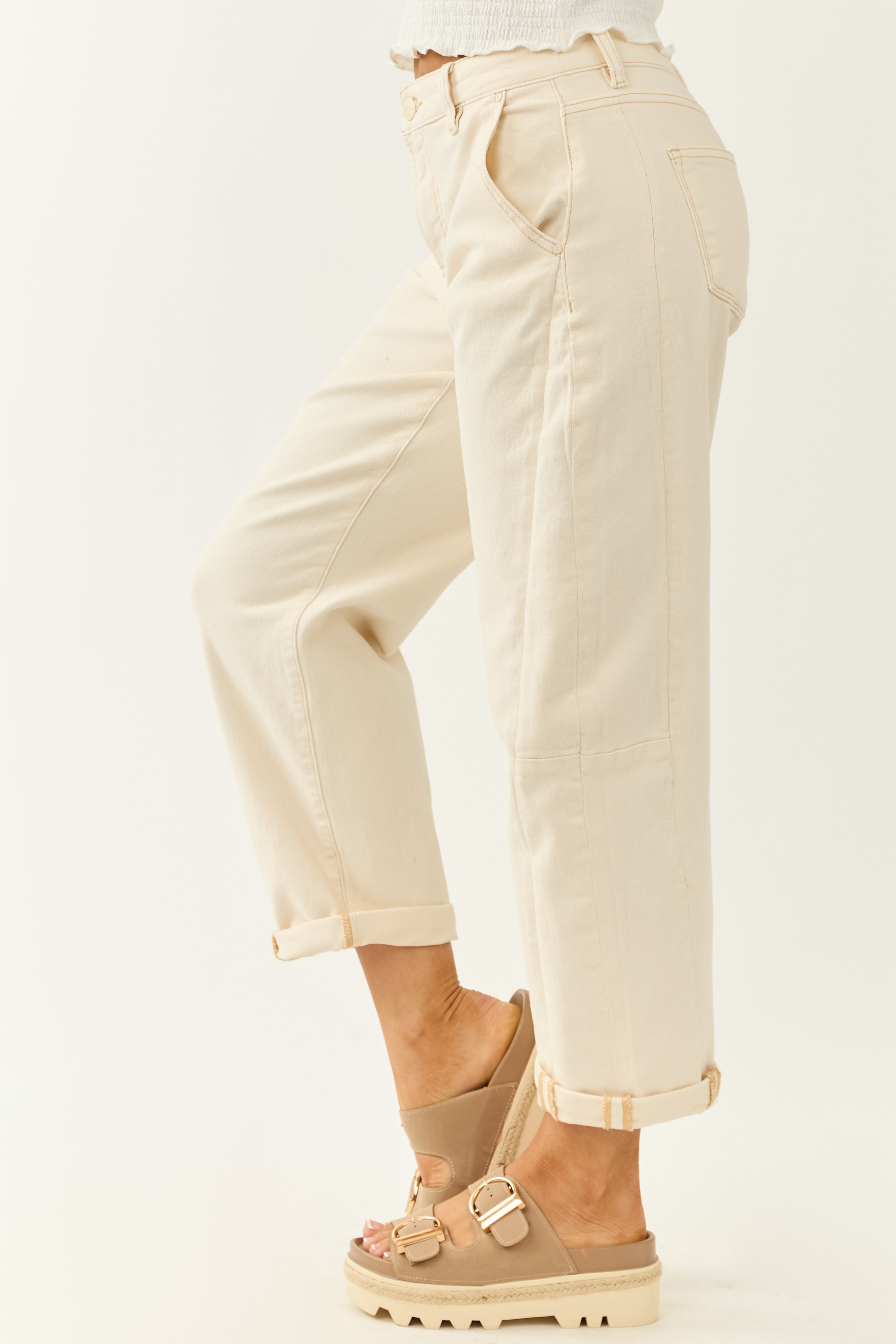 Risen Ivory High Rise Cuffed Stretchy Barrel Jeans Risen Ivory High Rise Cuffed Stretchy Barrel Jeans