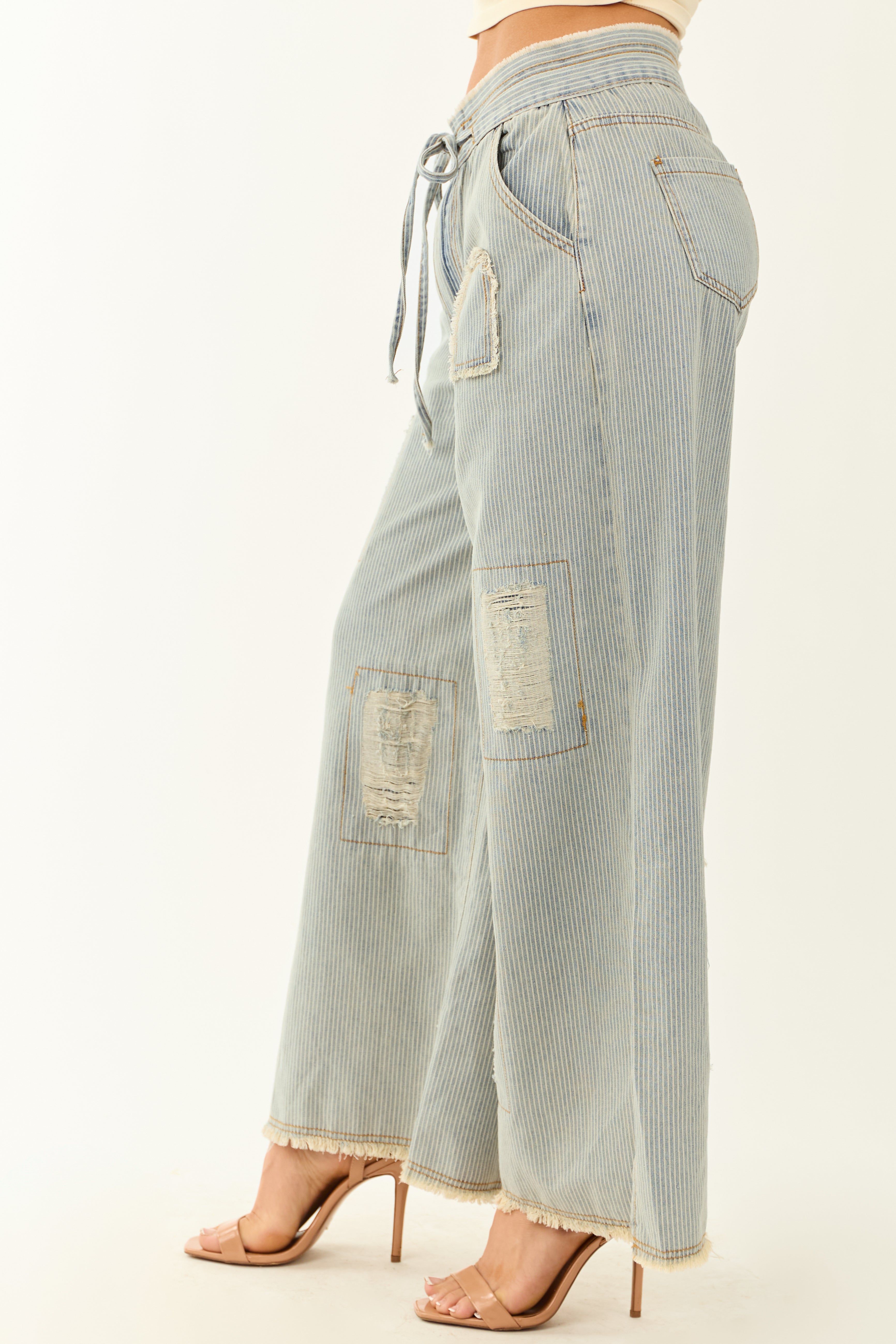 POL Powder Blue Railroad Stripe Wide Patchwork Pants POL Powder Blue Railroad Stripe Wide Patchwork Pants