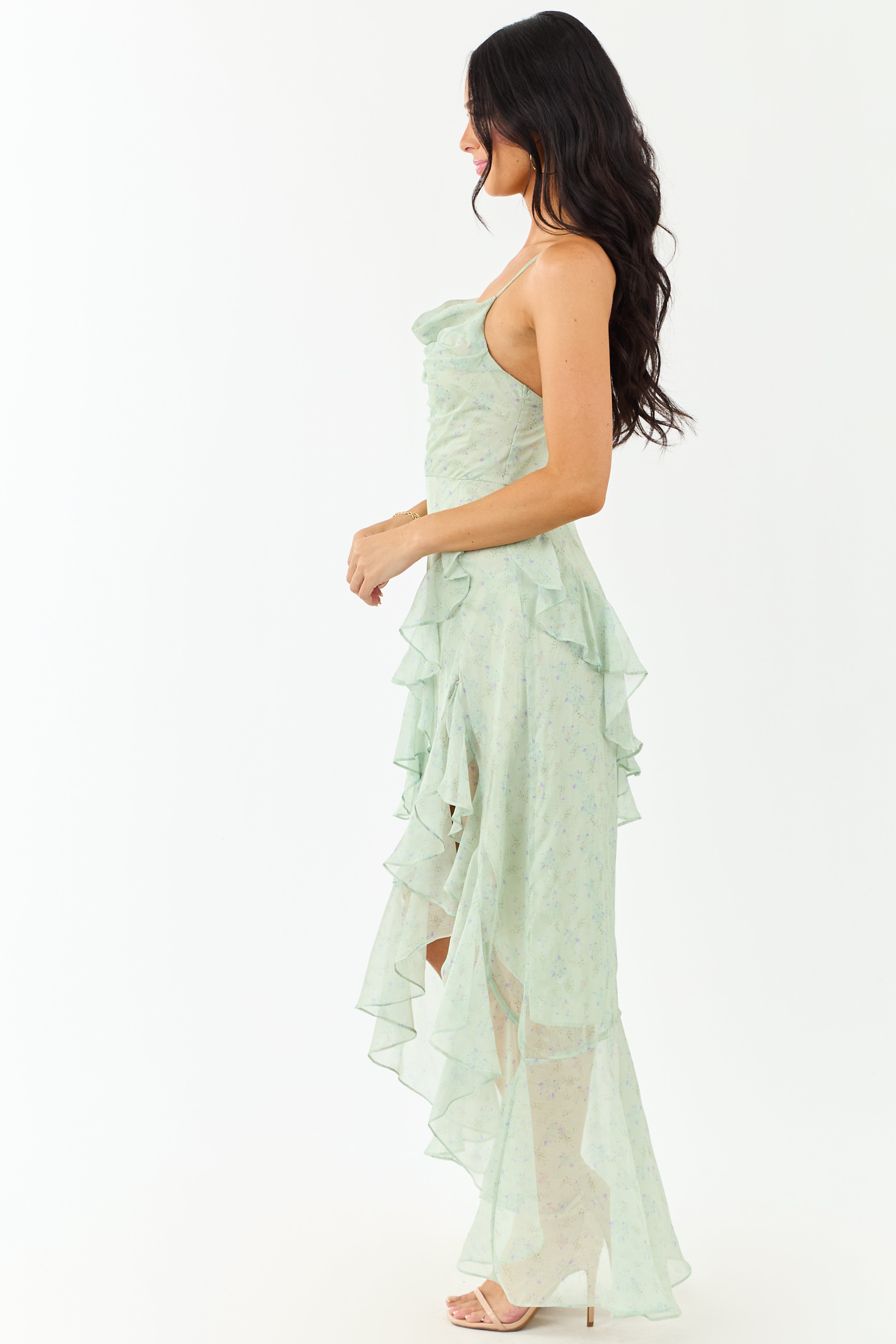 Sage Ditsy Floral Chiffon Ruffle High Slit Maxi Dress