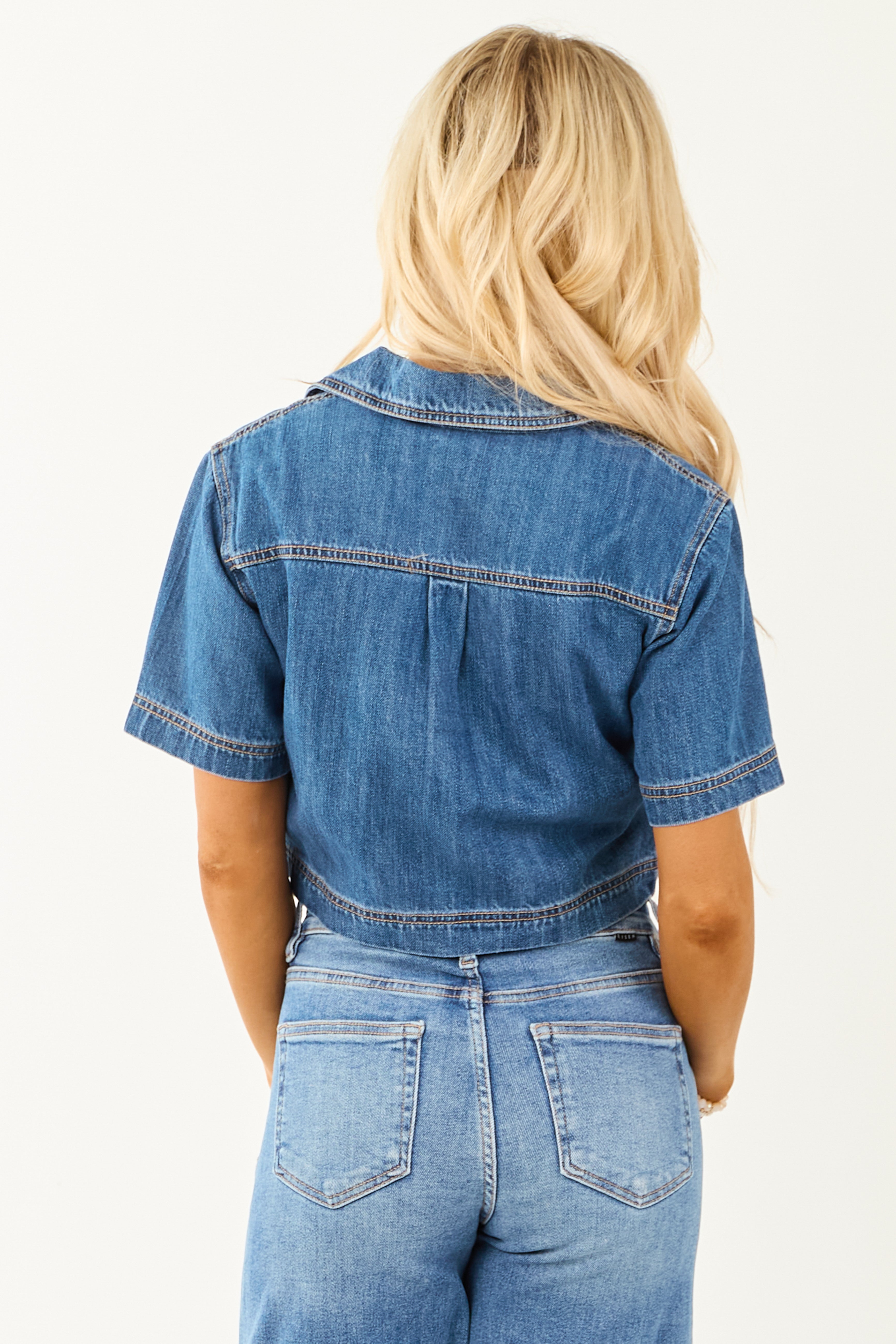 Risen Medium Wash Denim V Neck Short Sleeve Top Risen Medium Wash Denim V Neck Short Sleeve Top