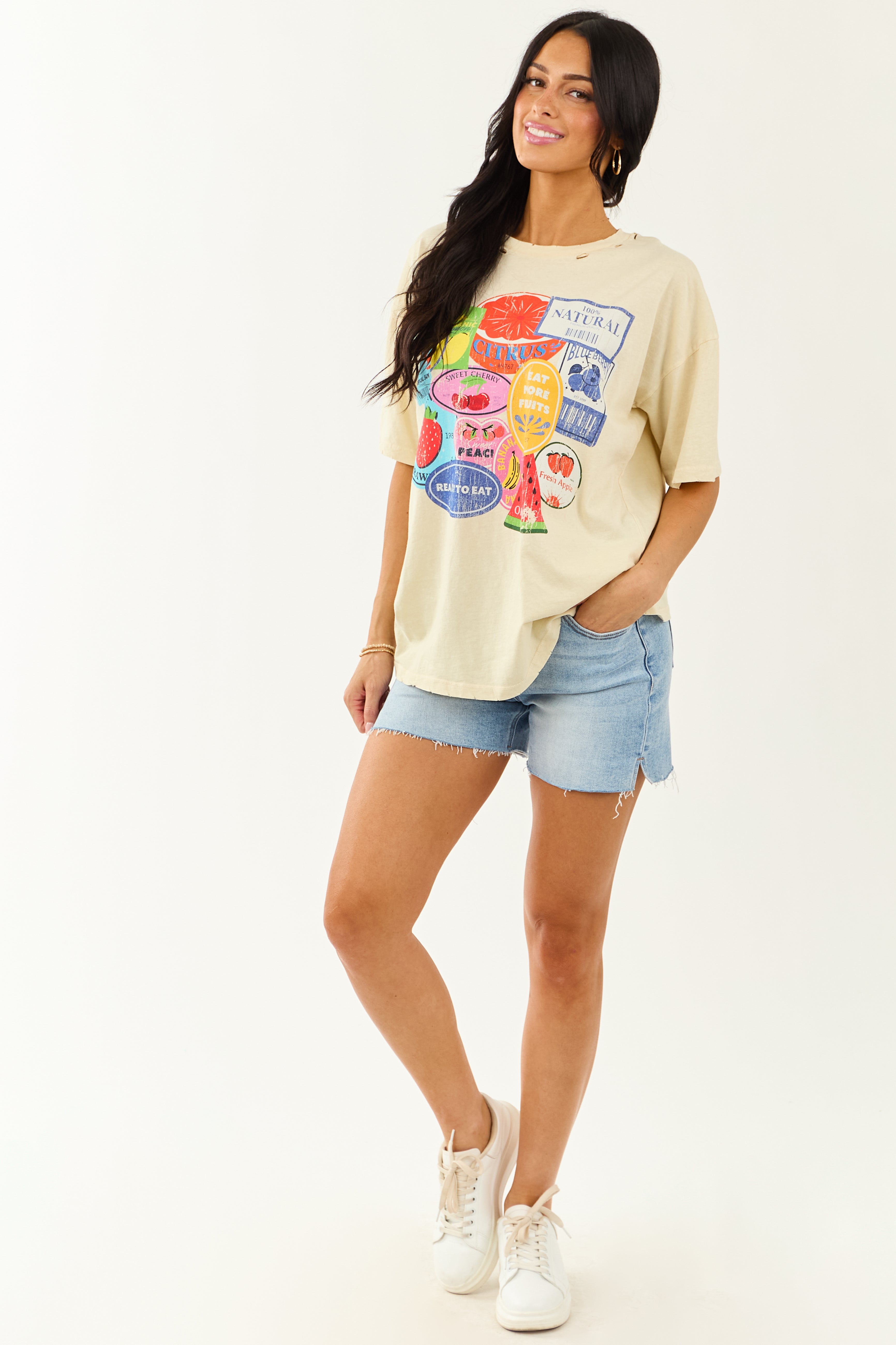 Almond Fruit Sticker Graphic Distressed Cotton Tee Almond Fruit Sticker Graphic Distressed Cotton Tee