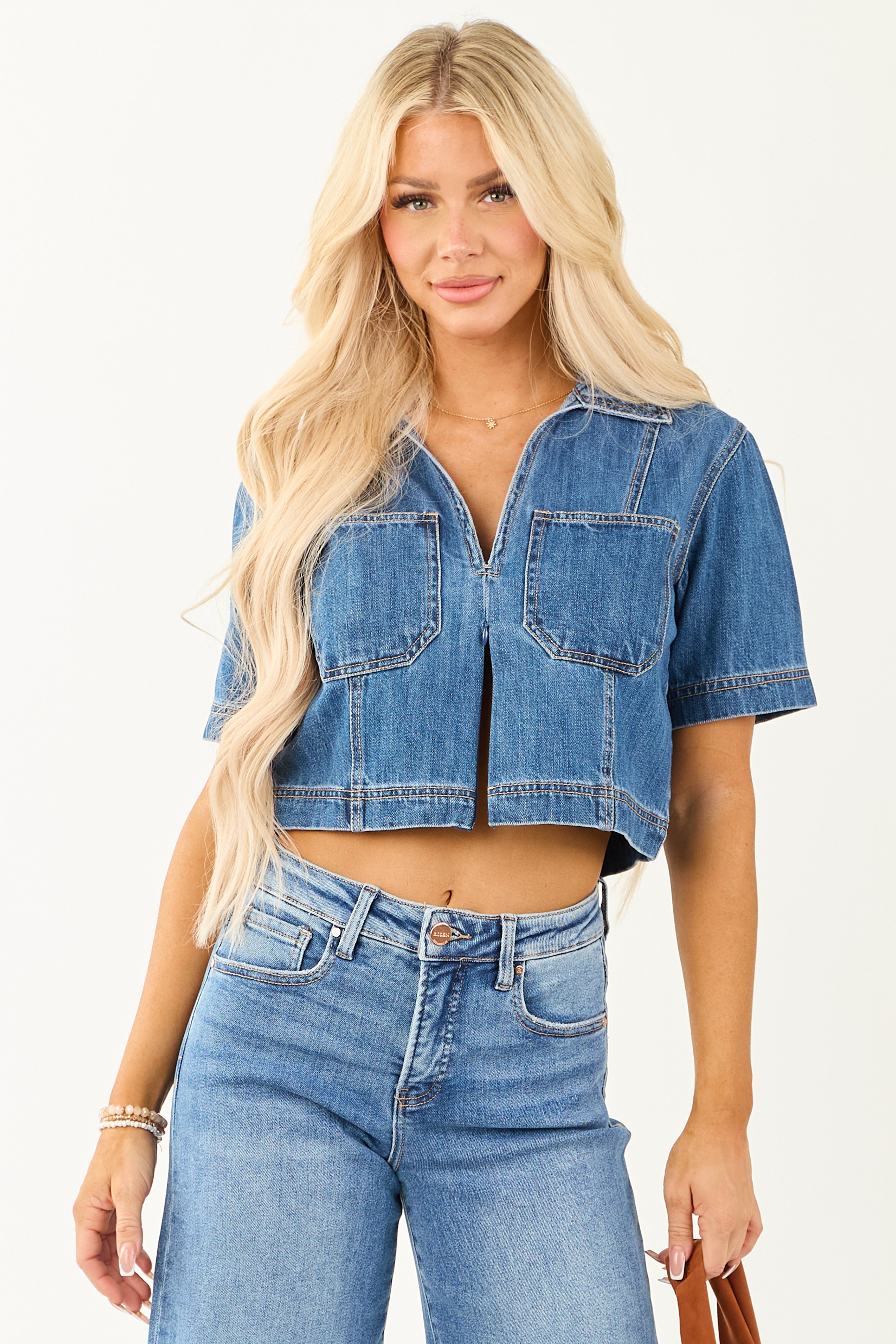 Risen Medium Wash Denim V Neck Short Sleeve Top Risen Medium Wash Denim V Neck Short Sleeve Top