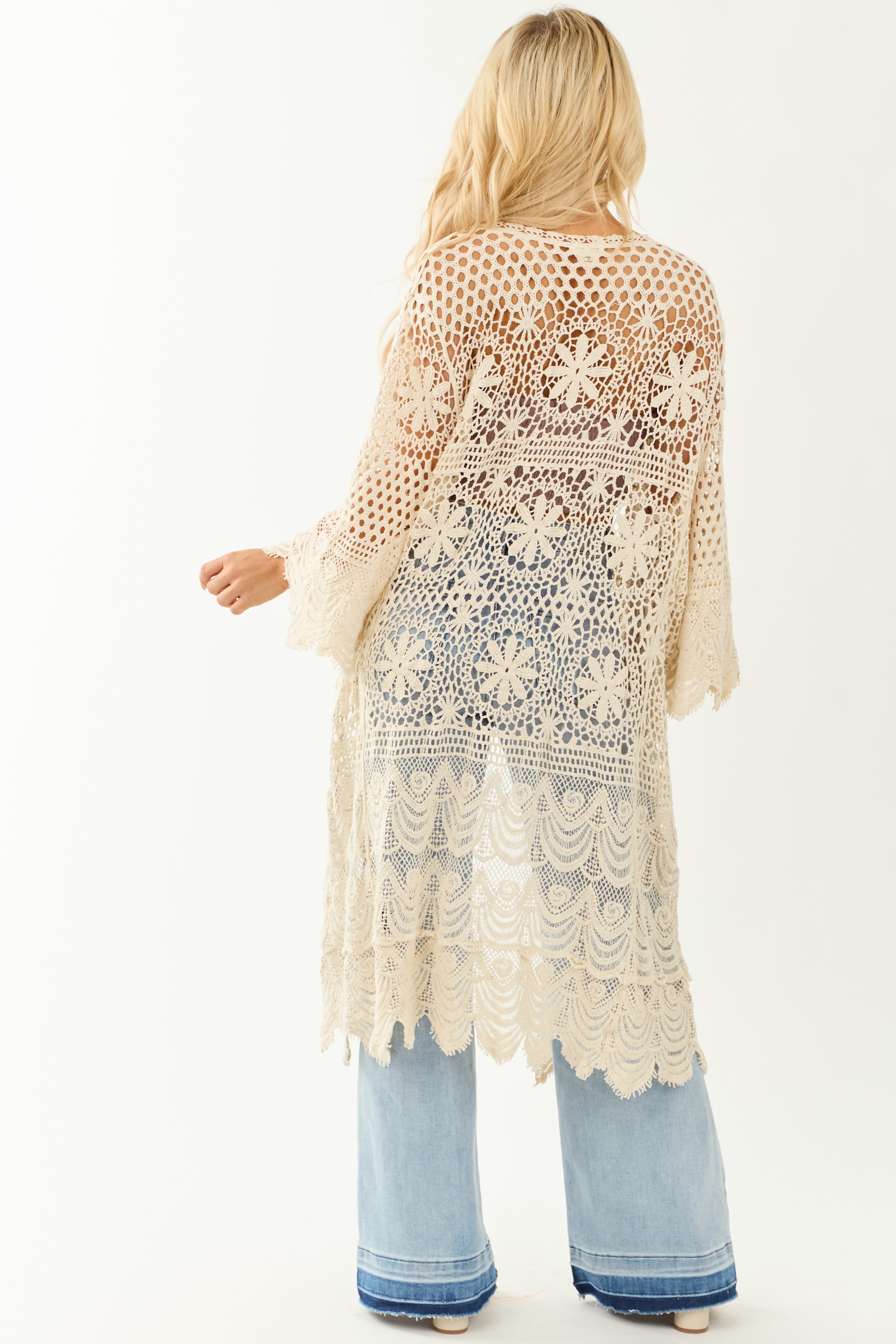 POL Cream Open Crochet Flare Sleeve Duster Cardigan POL Cream Open Crochet Flare Sleeve Duster Cardigan