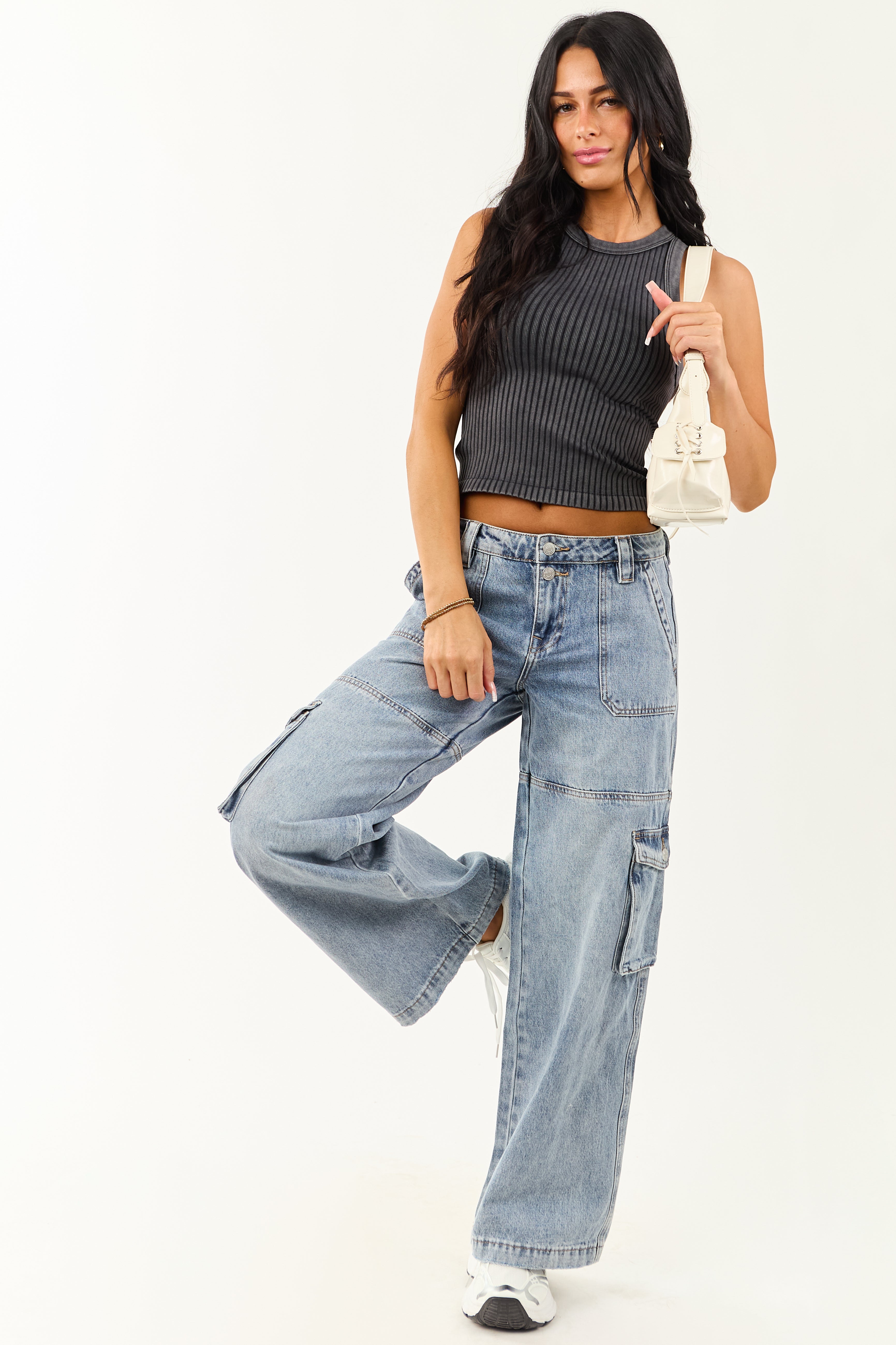 Mica Denim Medium Wash Cargo Wide Leg Jeans