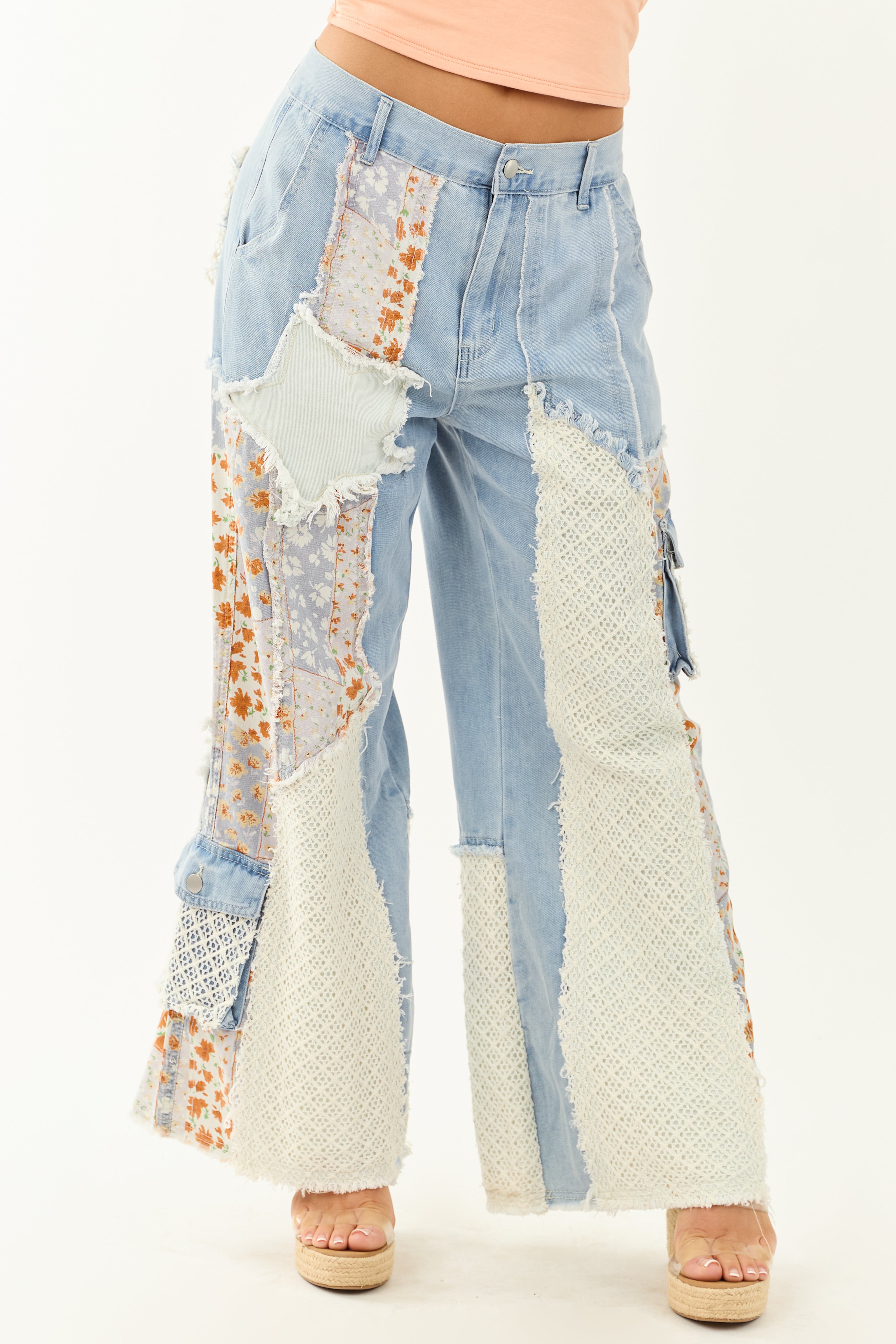 POL Medium Wash Patchwork Wide Leg Cargo Pants POL Medium Wash Patchwork Wide Leg Cargo Pants