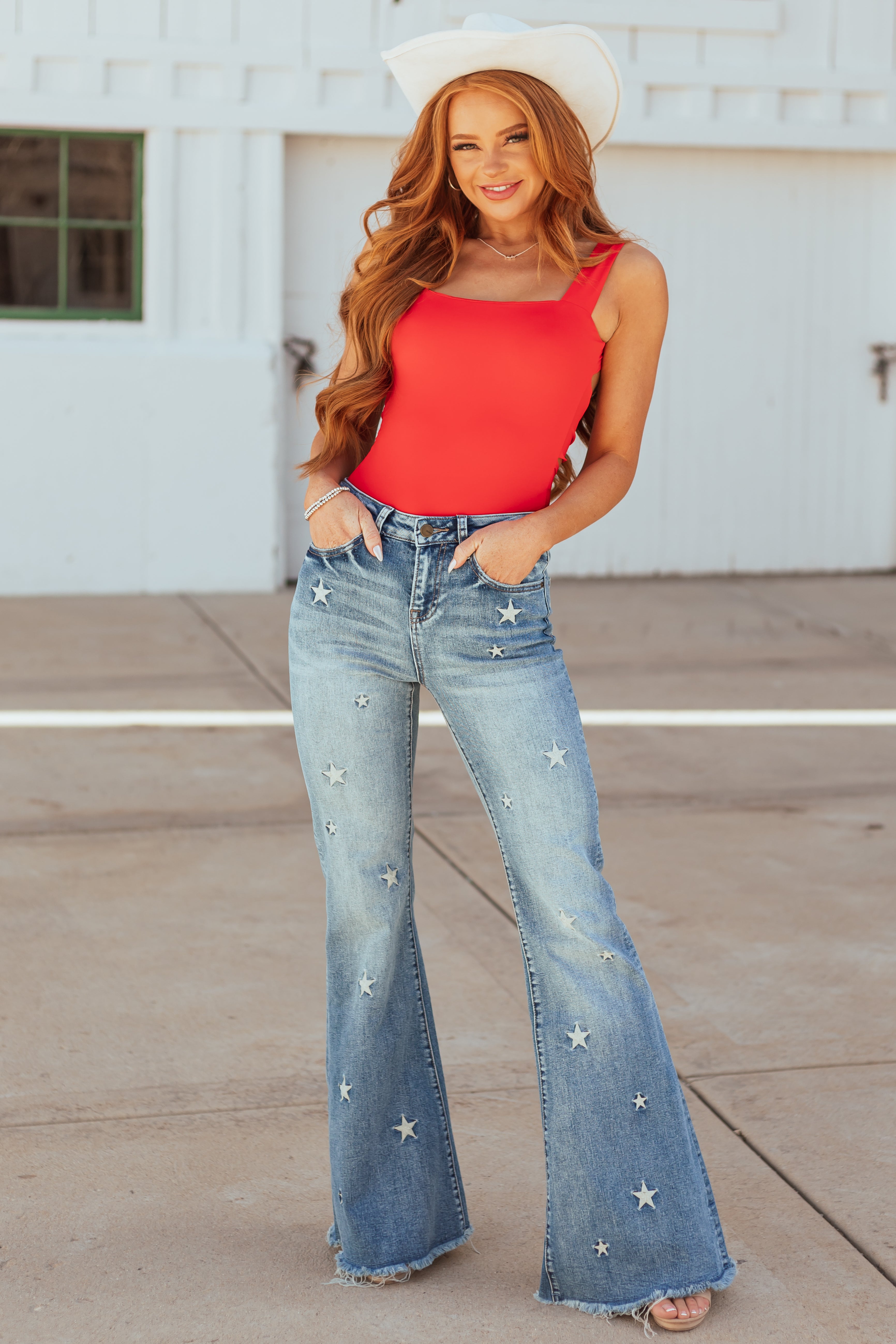 Mica Denim Medium Wash Stretchy Star Flare Jeans Mica Denim Medium Wash Stretchy Star Flare Jeans