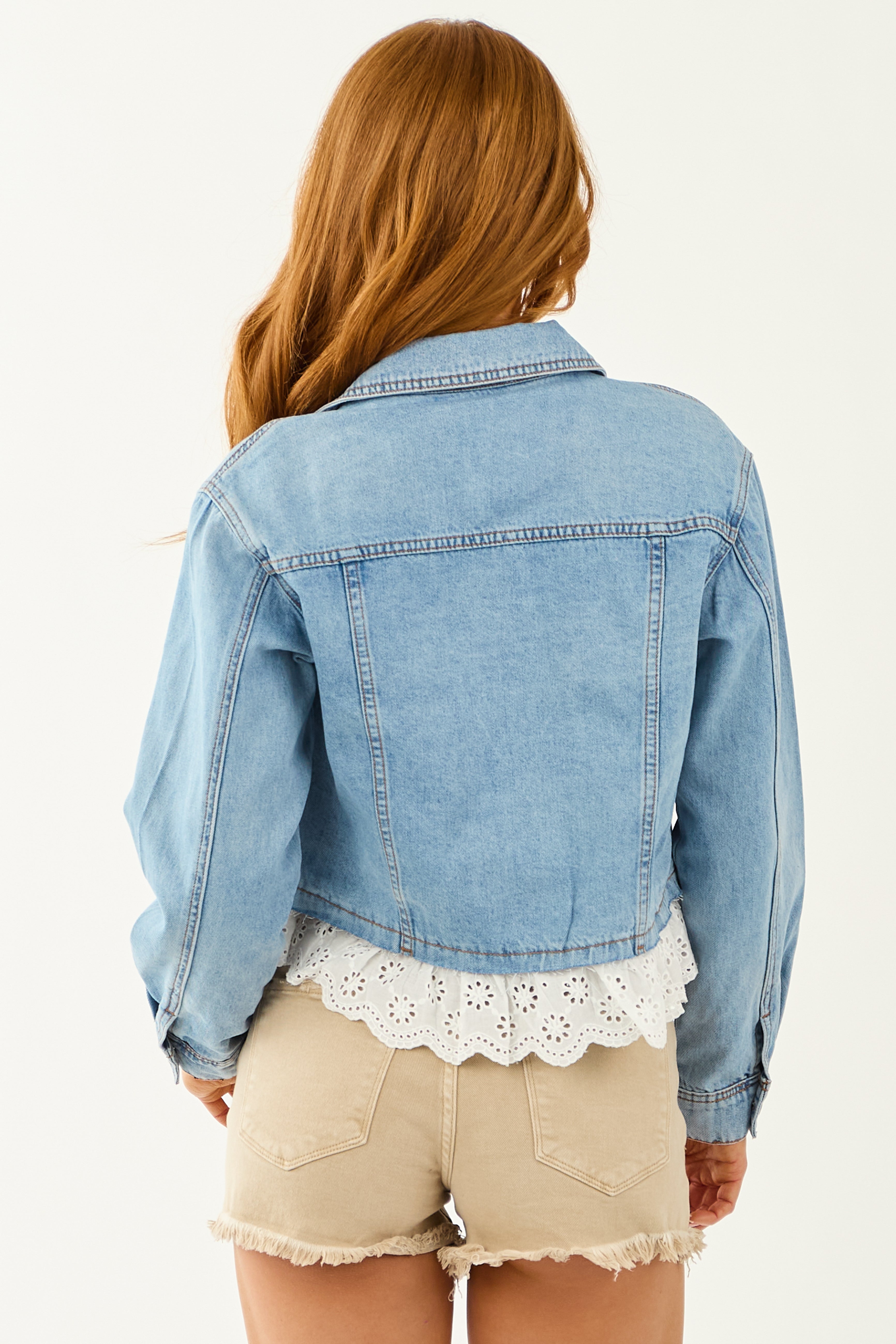 Medium Wash Button Down Lace Trim Denim Jacket Medium Wash Button Down Lace Trim Denim Jacket